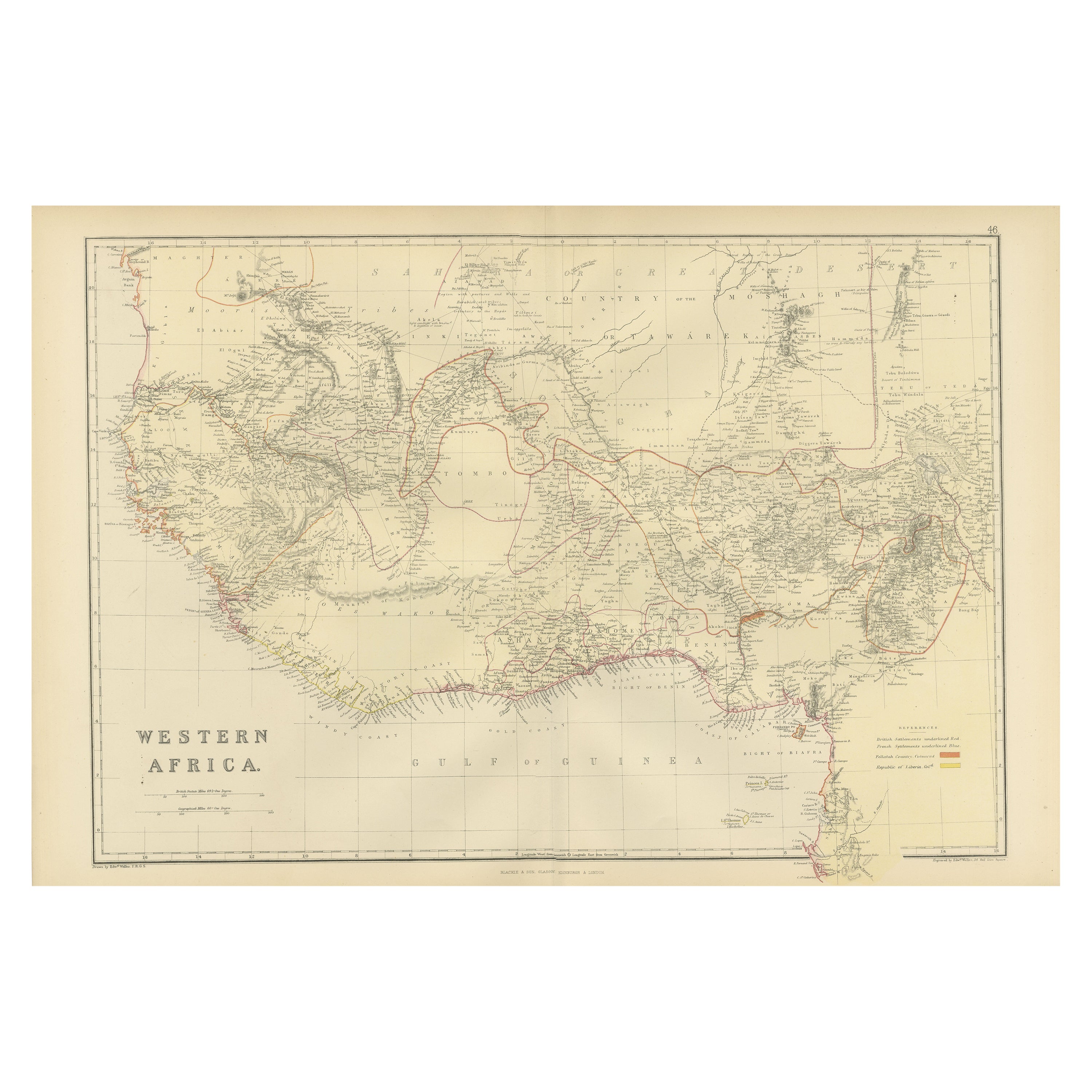 Mapa original antiguo coloreado de África Occidental, publicado en 1882
