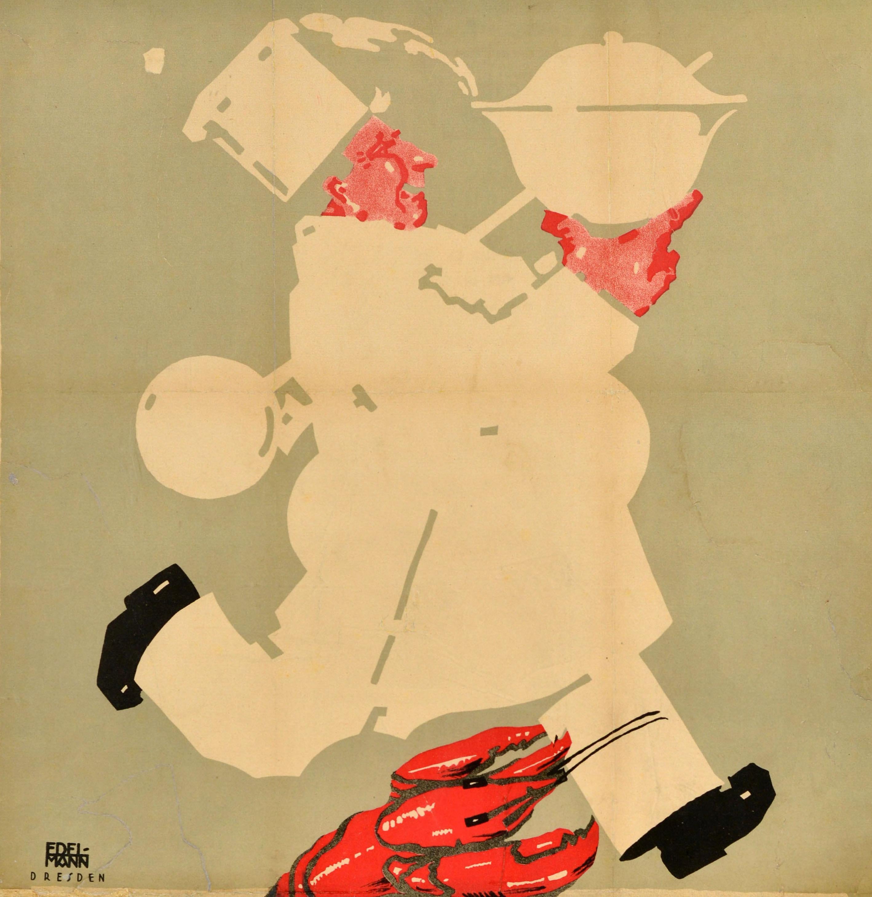Original antique cooking event advertising poster - Austellung fur Kochskunst und Verwandte Gewerbe Dresden 1922 / Exhibition for Culinary Arts and Related Trades 25 to 18 March - featuring a great design depicting a chef running while holding up a
