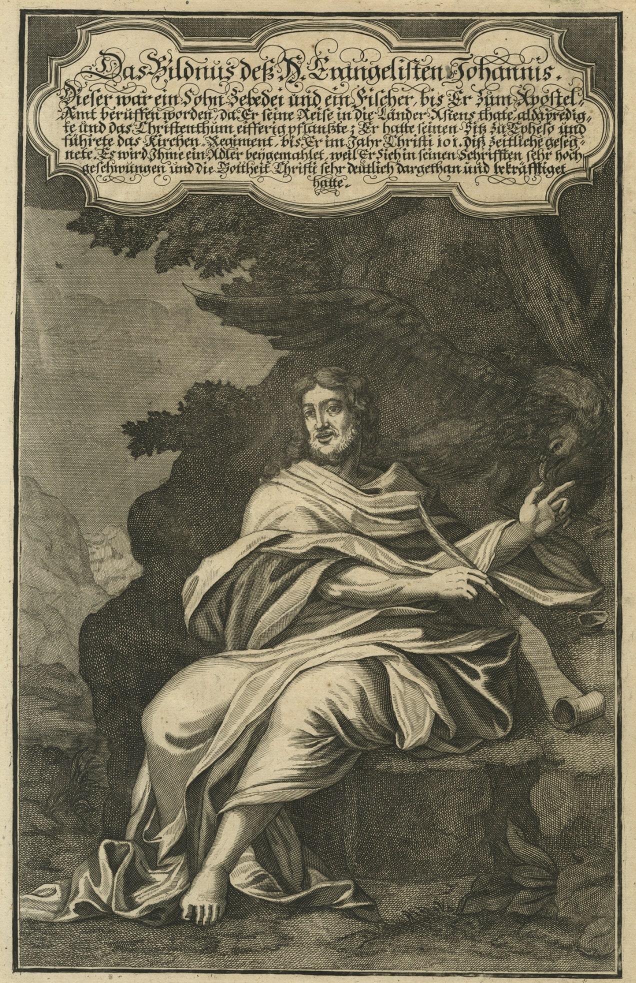 Original Antique Copper Engraving of a Portrait of John the Evangelist, 1708 In Good Condition For Sale In Langweer, NL