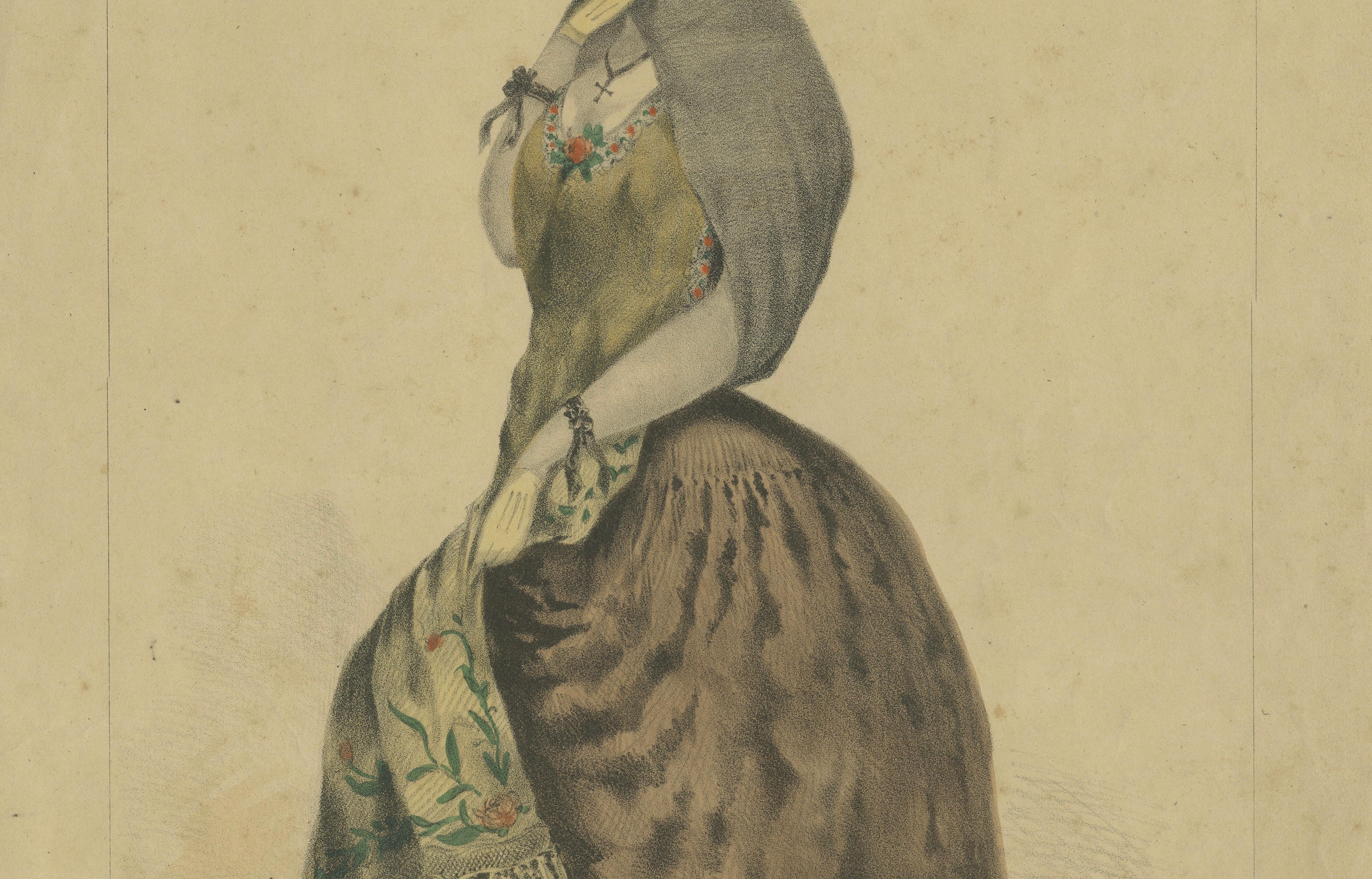 Original Antique Costume Print "La Tapada" of Lima, Peru by A.A. Bonnaffé, 1855