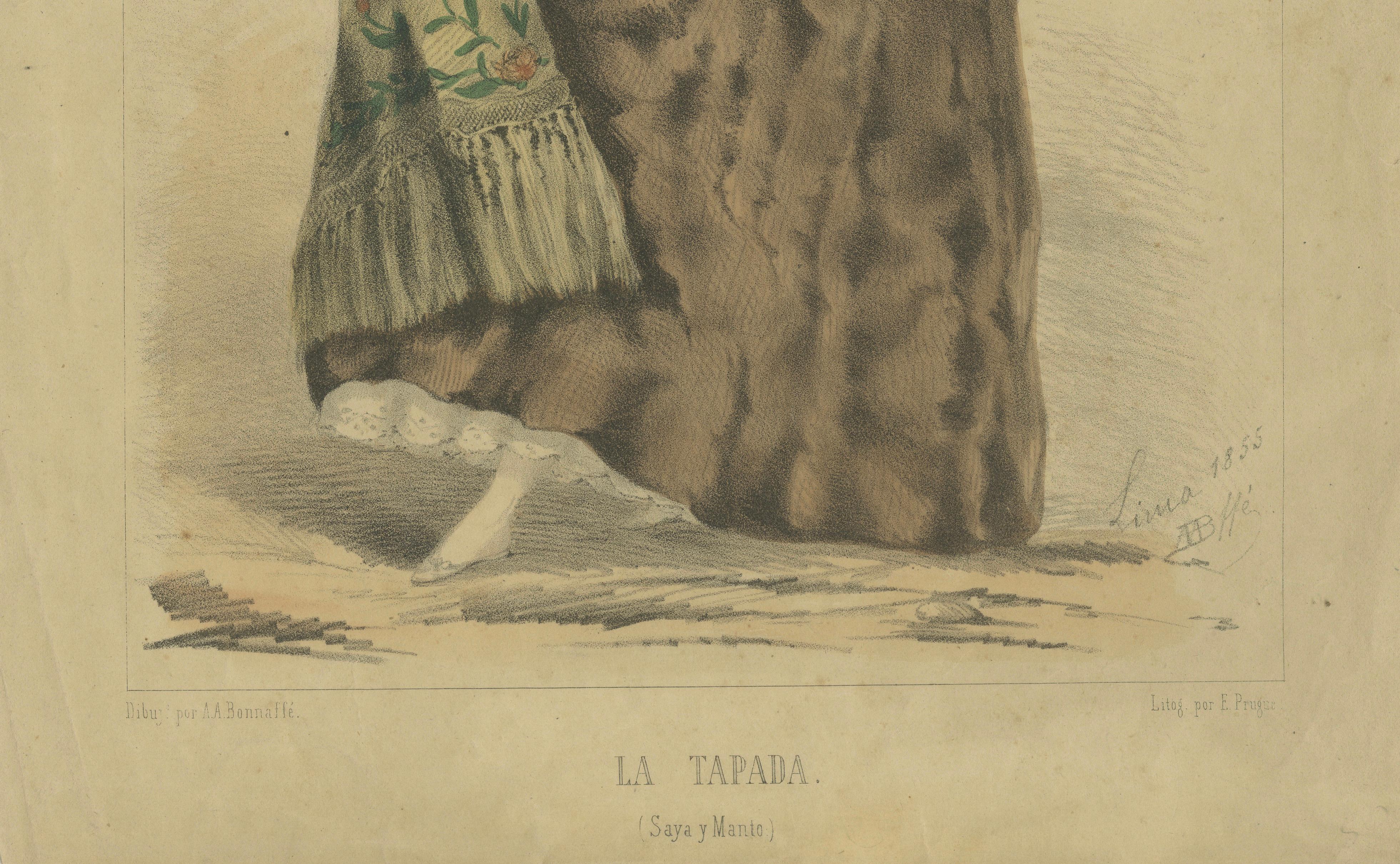 Original Antique Costume Print "La Tapada" of Lima, Peru by A.A. Bonnaffé, 1855