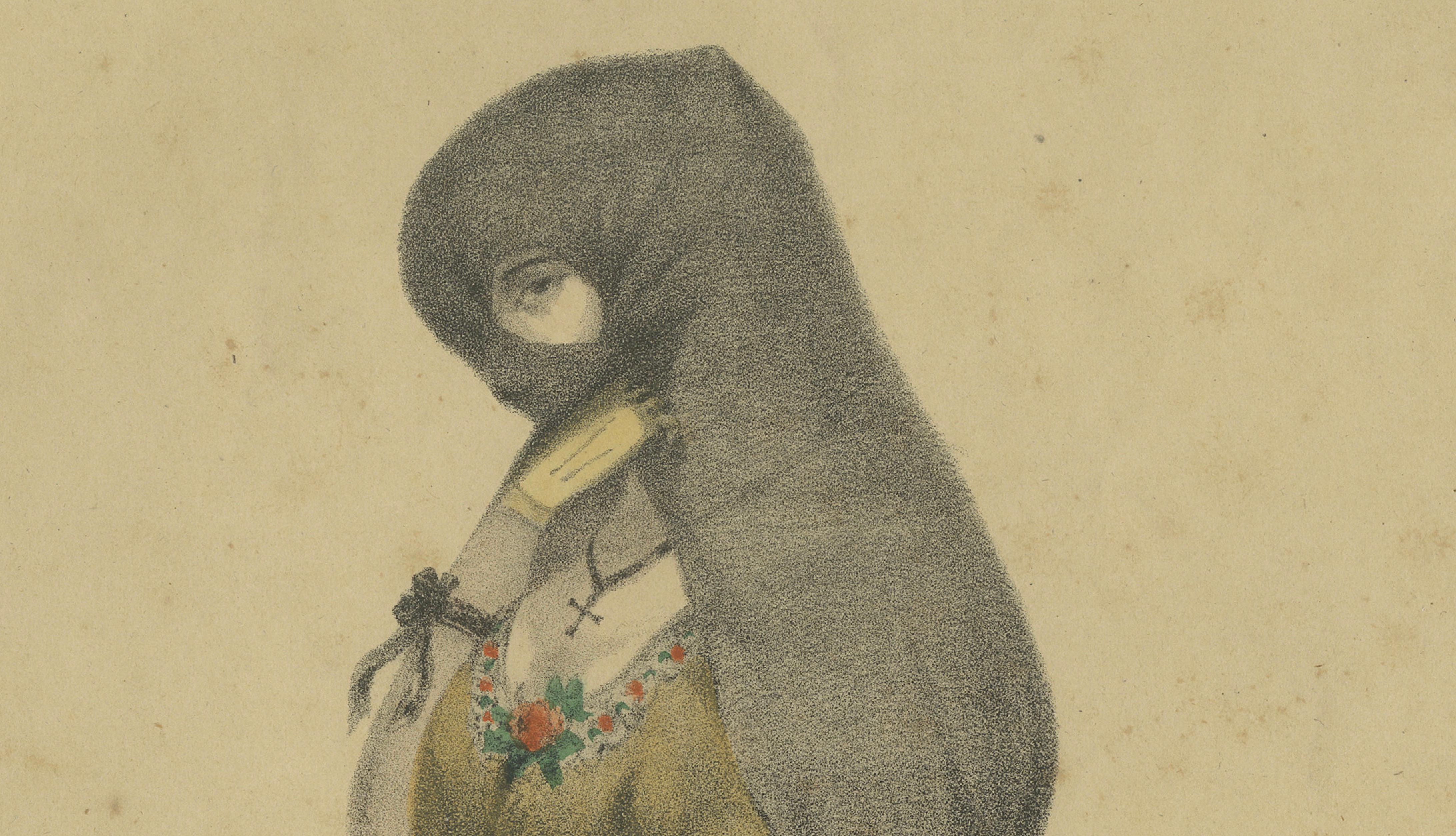 Original Antique Costume Print "La Tapada" of Lima, Peru by A.A. Bonnaffé, 1855