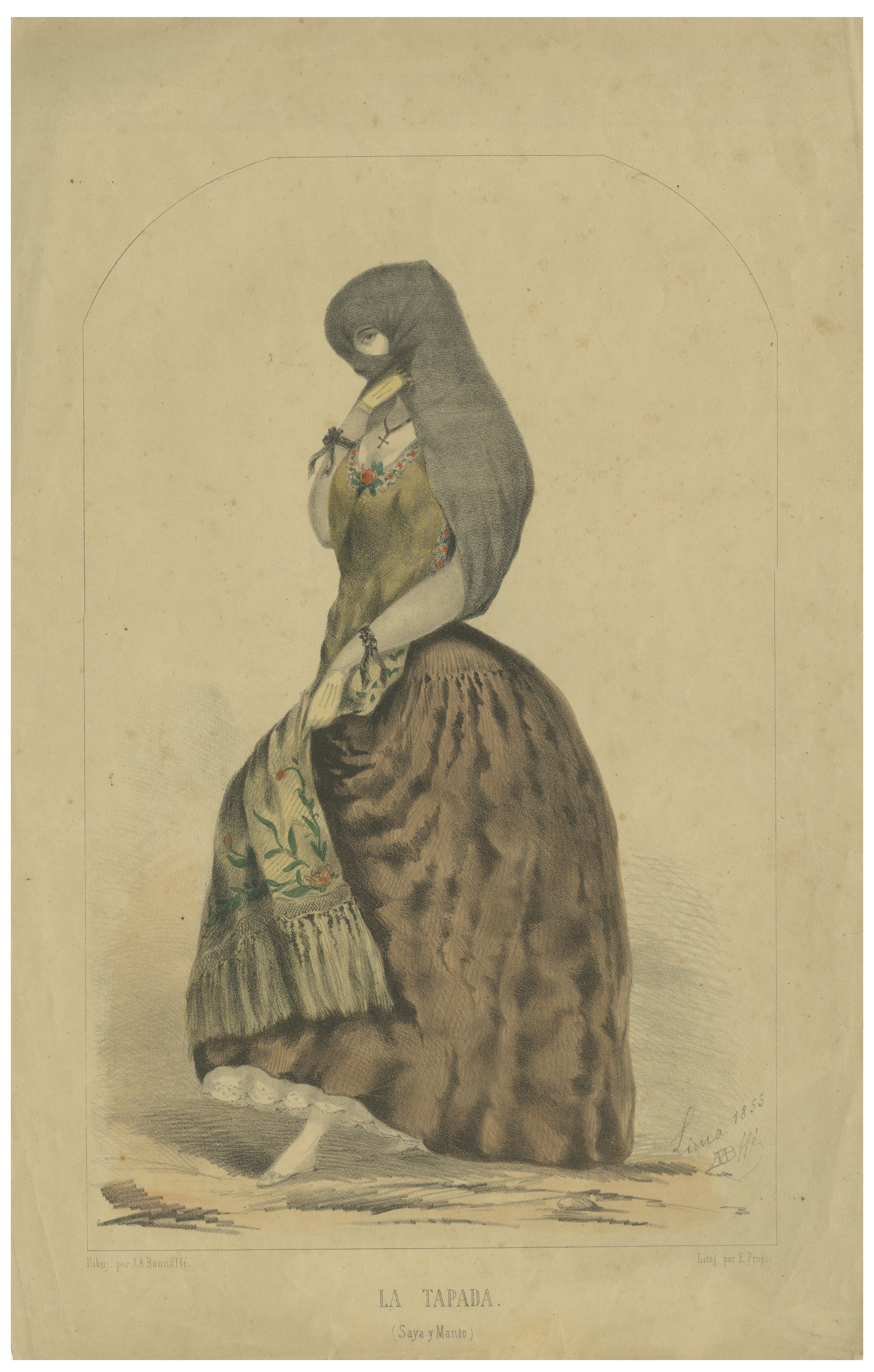 Original Antique Costume Print "La Tapada" of Lima, Peru by A.A. Bonnaffé, 1855