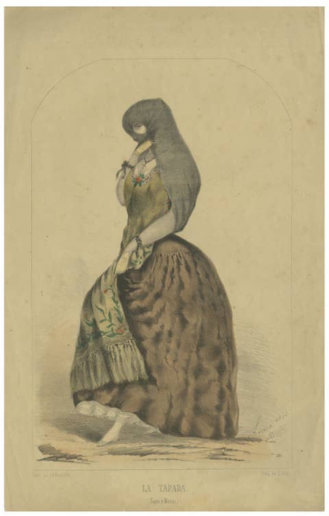Original Antique Costume Print "La Tapada" of Lima, Peru by A.A. Bonnaffé, 1855