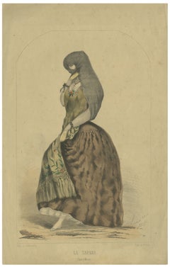 Lámina original de un traje tradicional antiguo, «La Tapada», de Lima (Perú), obra de A.A. Bonnaffé, 1855