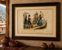 Original Antique Costume Print of Peru – Arrieros & Aymara Dance, c.1840