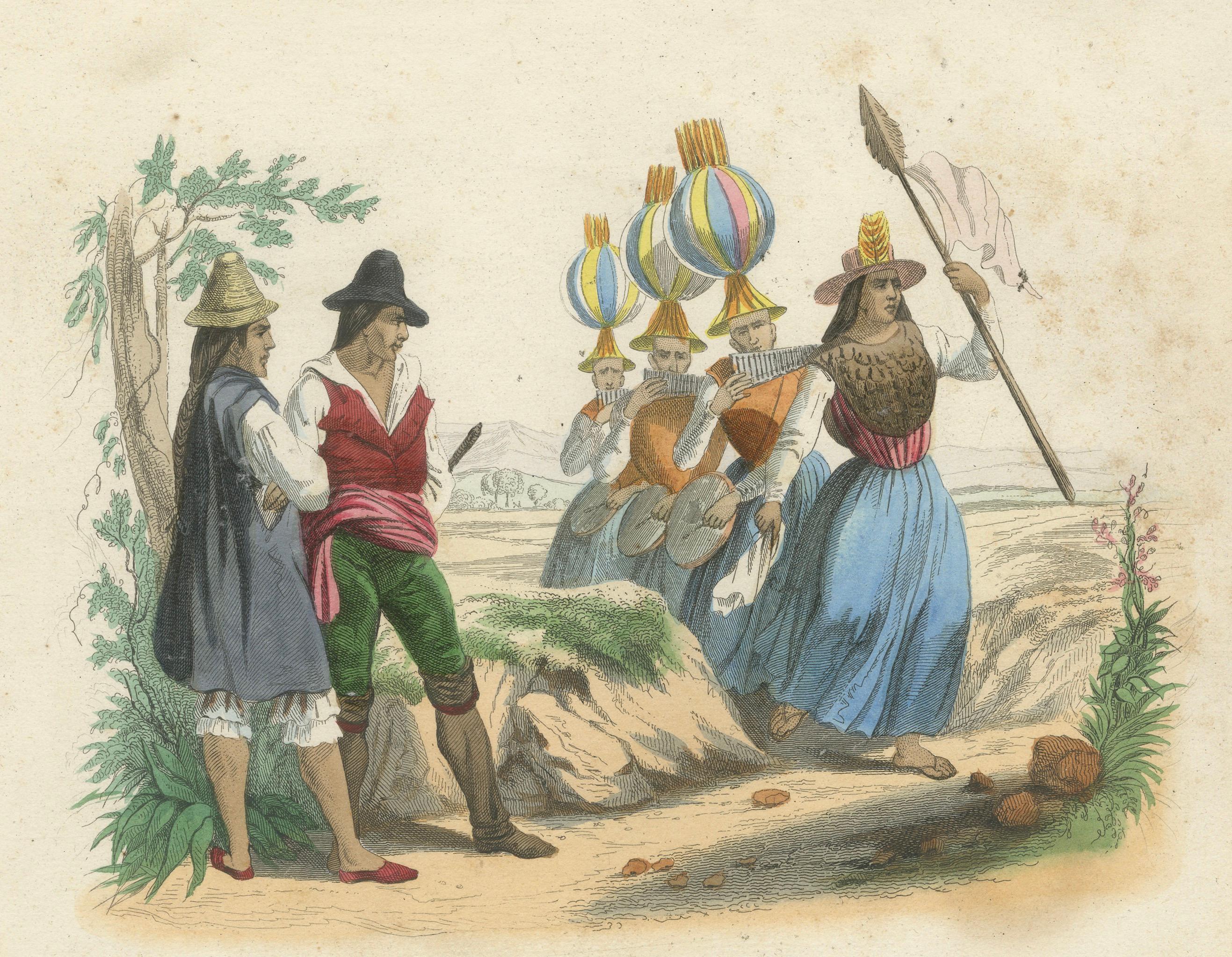Original Antique Costume Print of Peru – Arrieros & Aymara Dance, c.1840