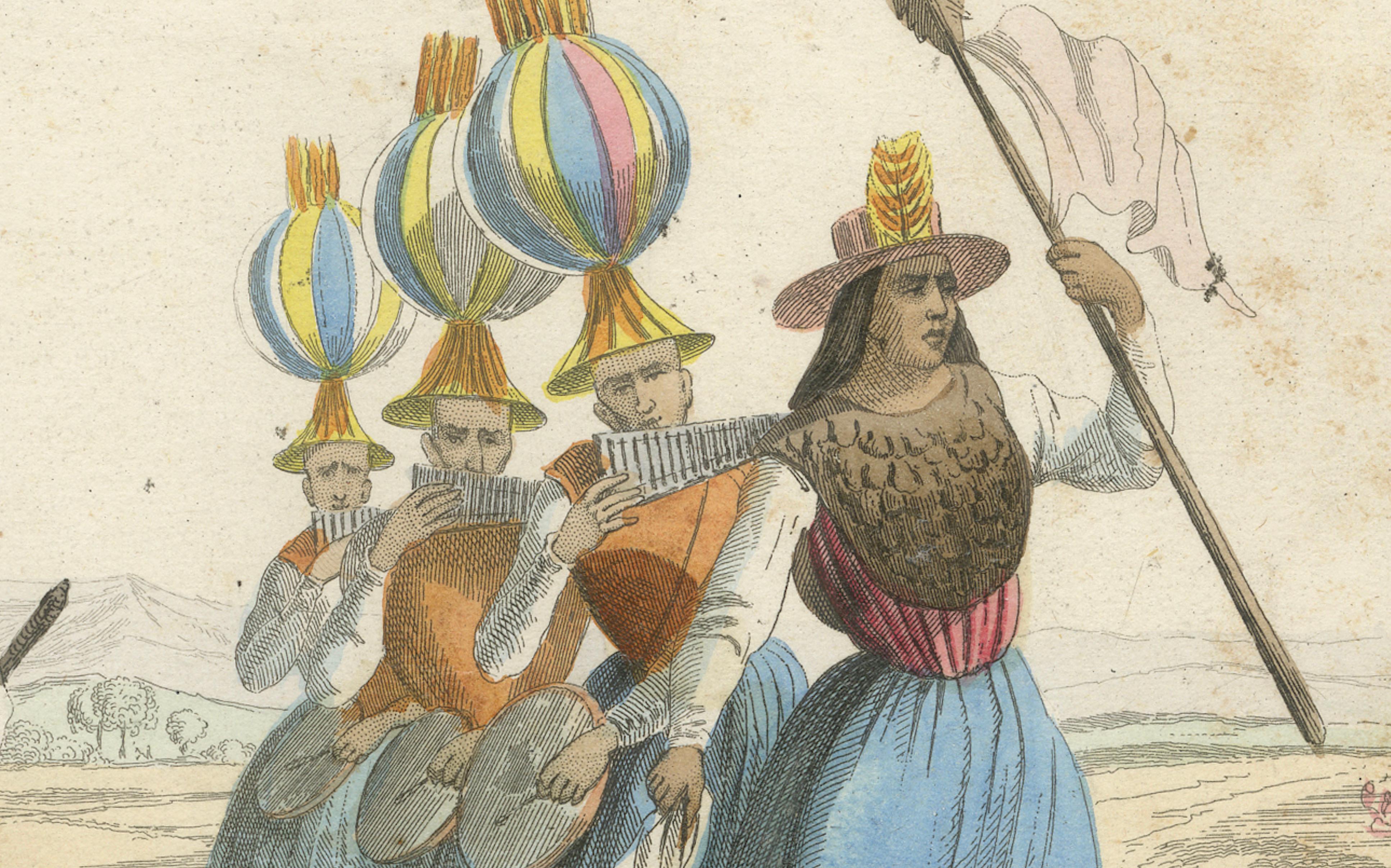 Original Antique Costume Print of Peru – Arrieros & Aymara Dance, c.1840