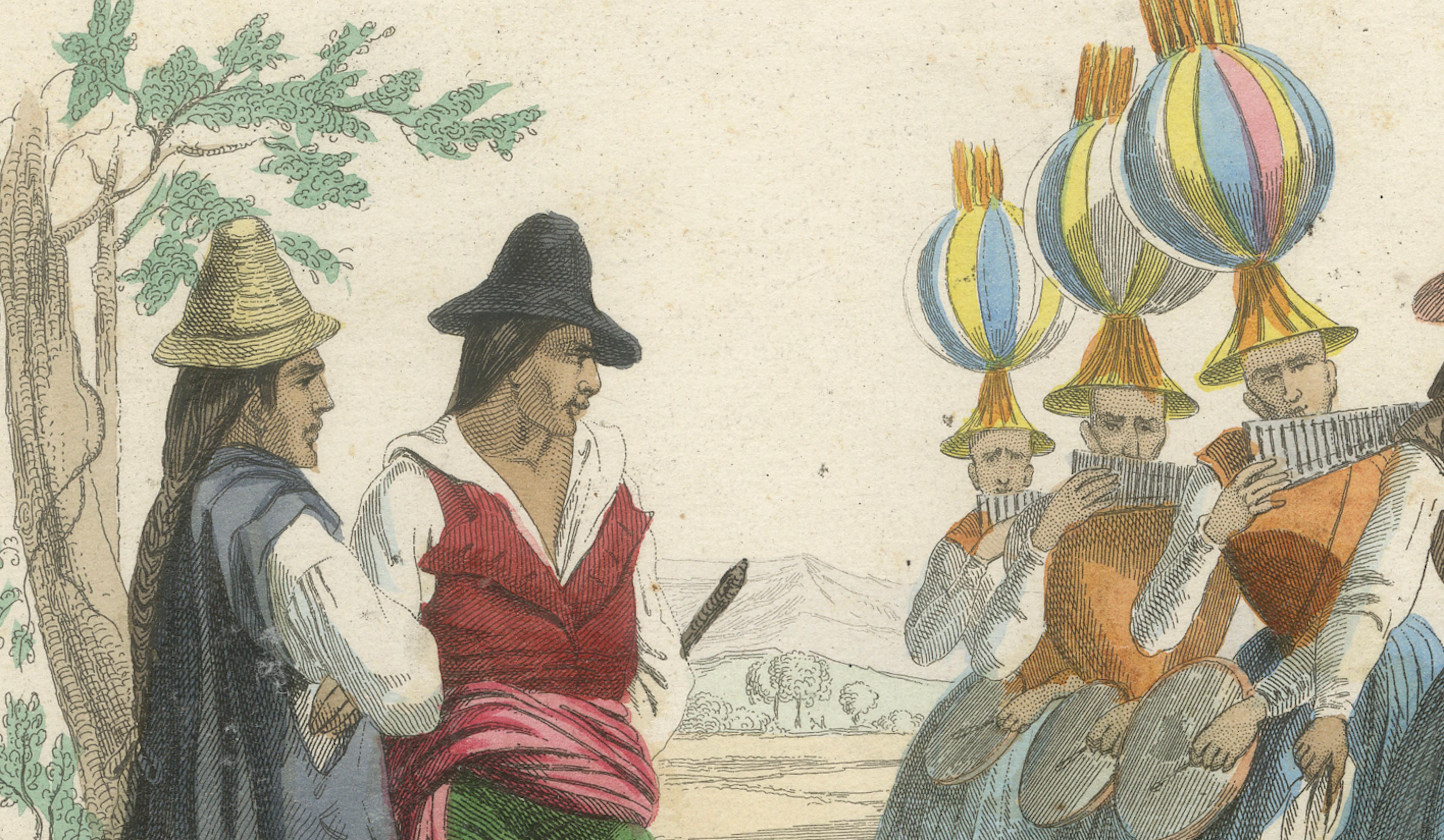 Original Antique Costume Print of Peru – Arrieros & Aymara Dance, c.1840