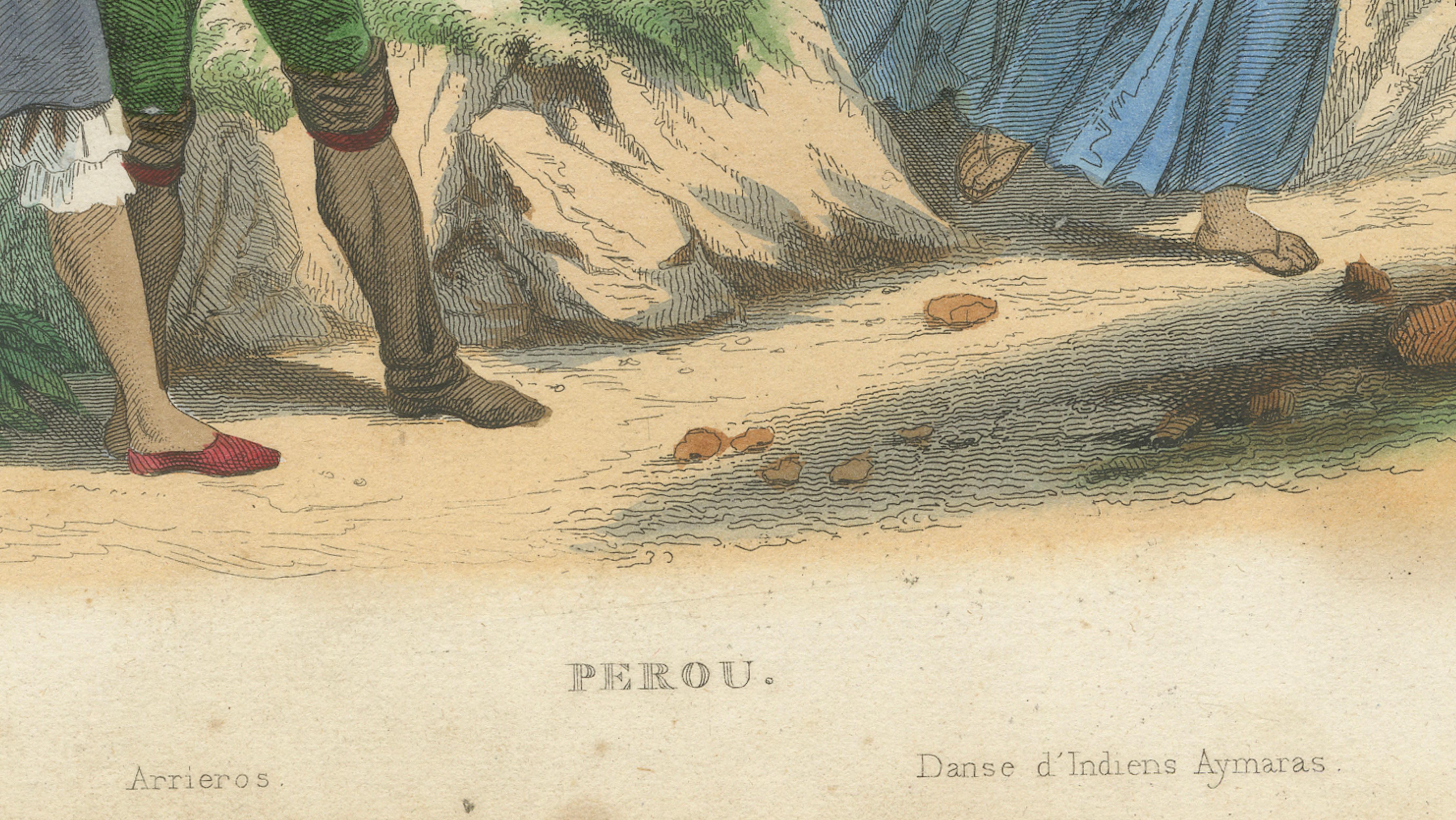 Original Antique Costume Print of Peru – Arrieros & Aymara Dance, c.1840