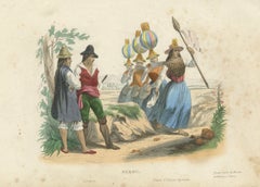 Original Antique Costume Print of Peru – Arrieros & Aymara Dance, c.1840
