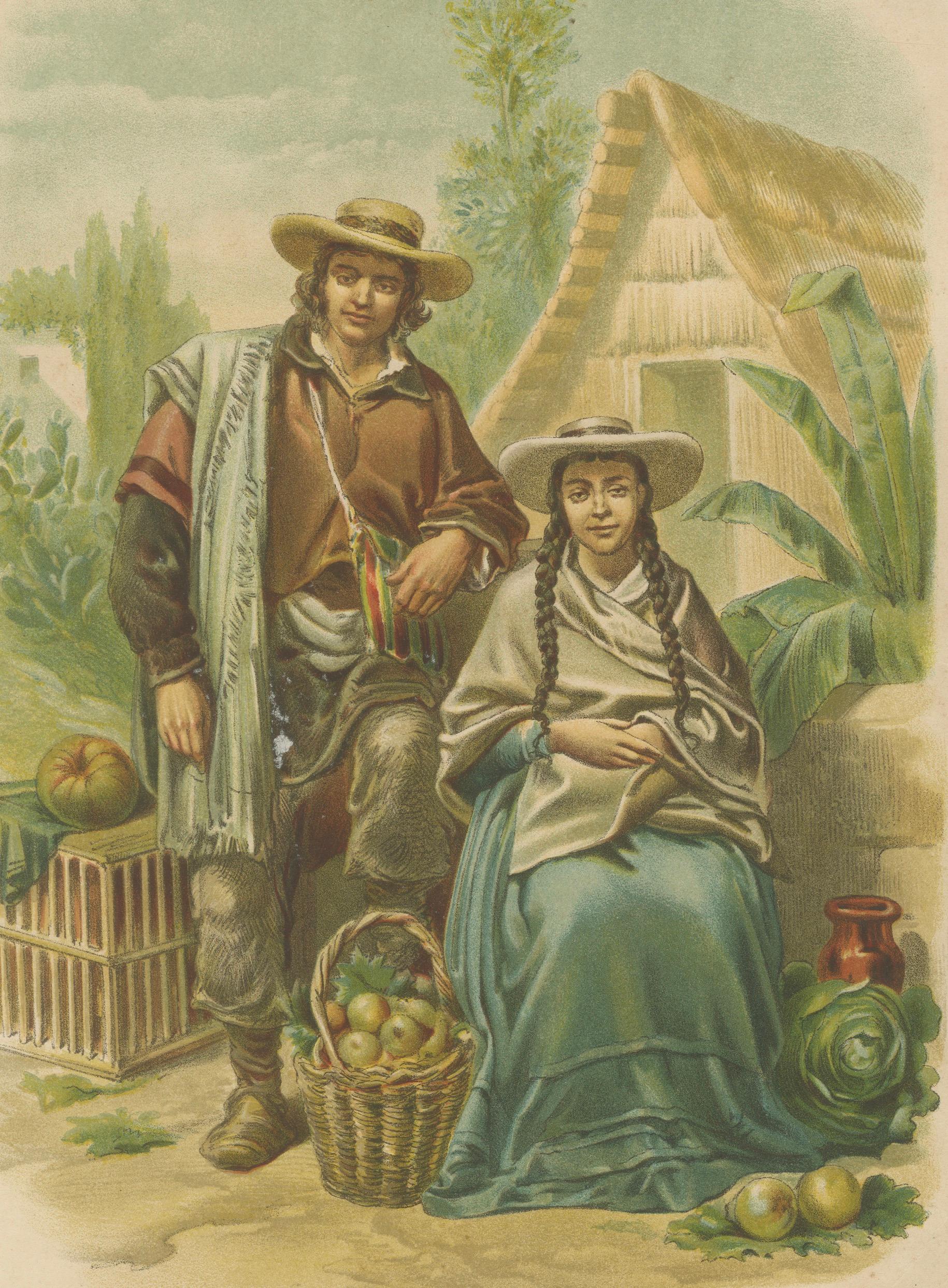 Original Antique Costume Print of Peruvian Mestizos, "Raza Roja", c.1880