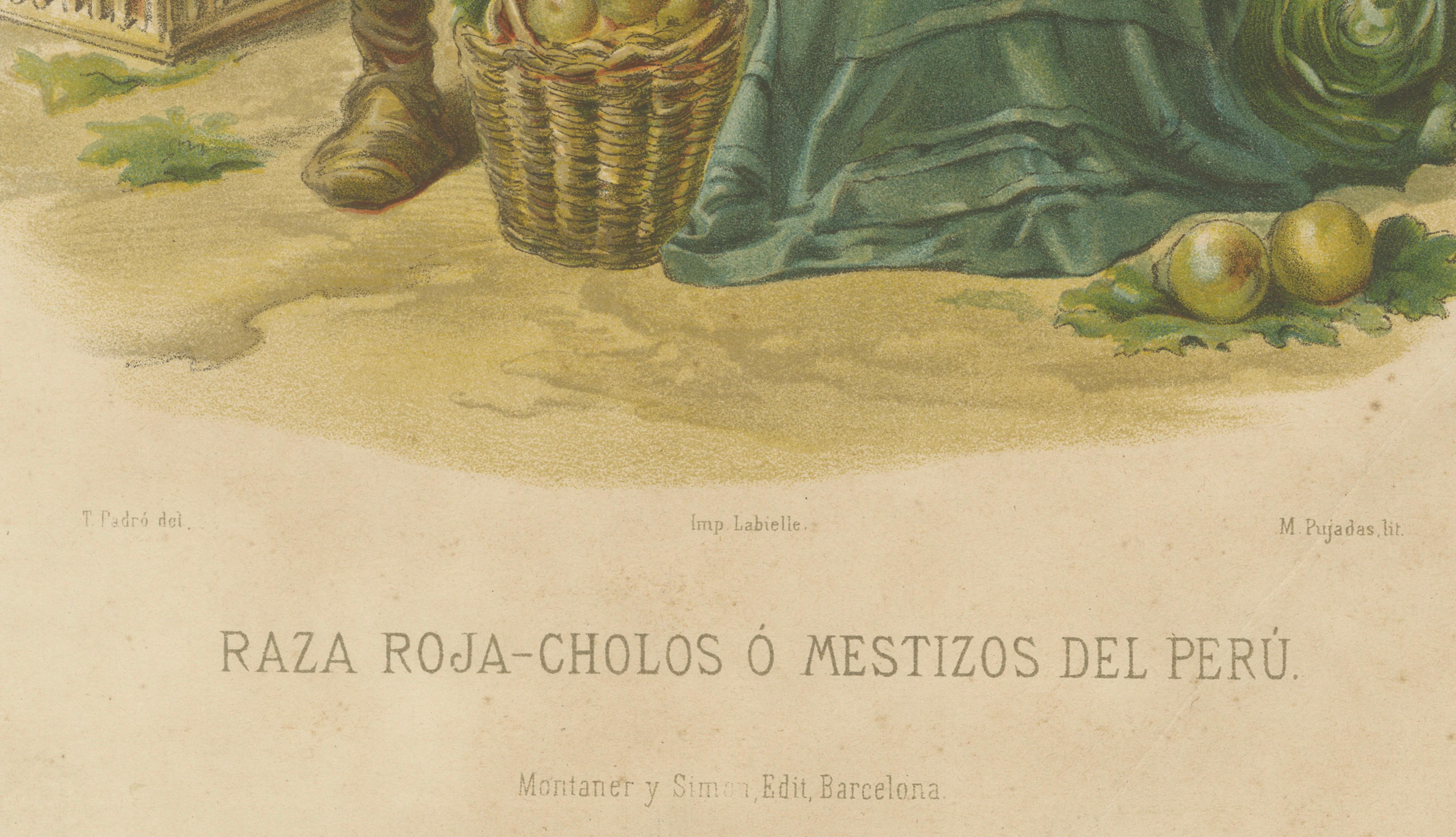 Original Antique Costume Print of Peruvian Mestizos, "Raza Roja", c.1880
