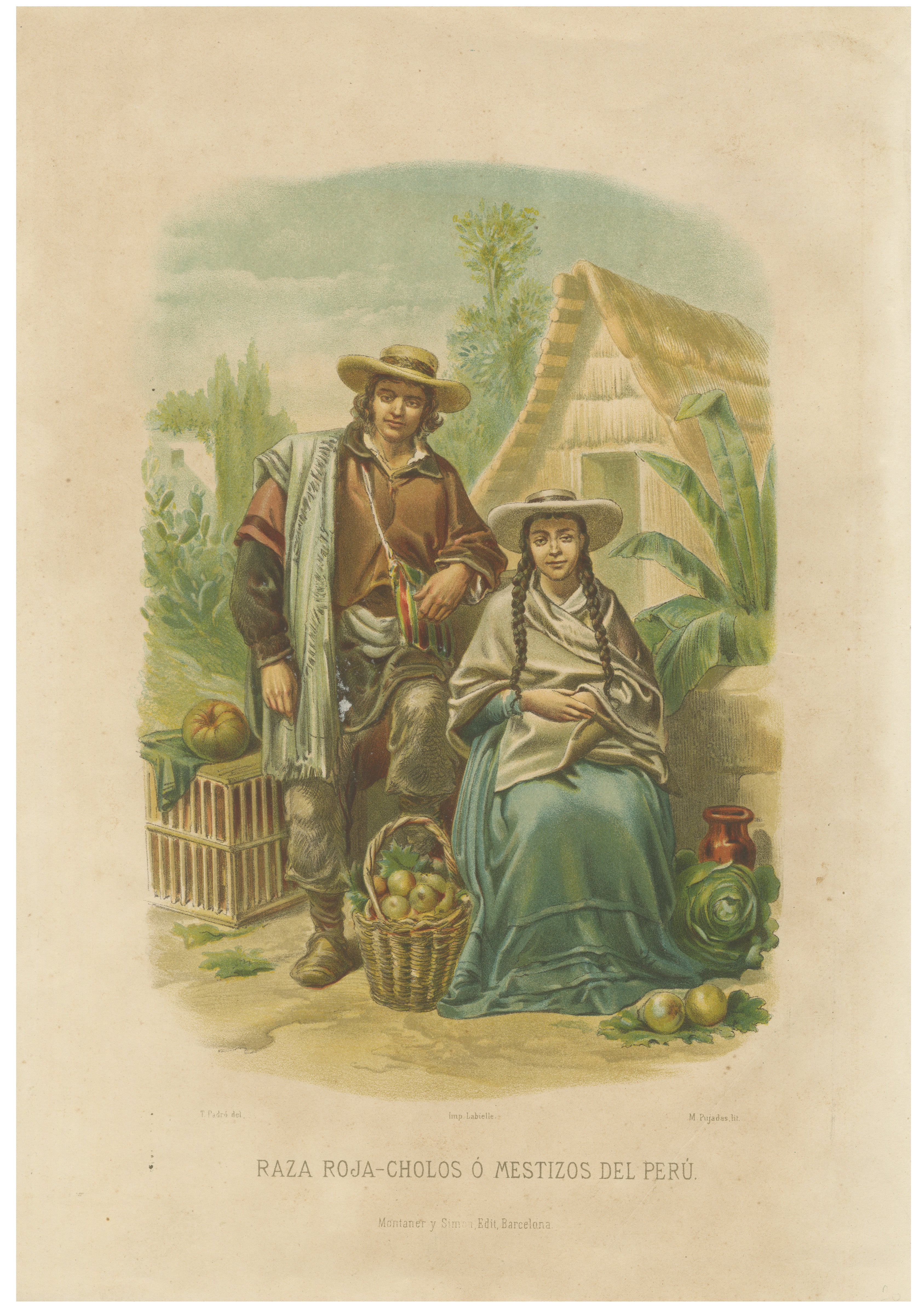 Original Antique Costume Print of Peruvian Mestizos, "Raza Roja", c.1880