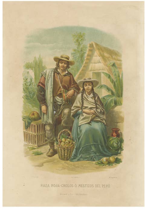 Original Antique Costume Print of Peruvian Mestizos, "Raza Roja", c.1880