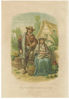 Original Antique Costume Print of Peruvian Mestizos, "Raza Roja", c.1880