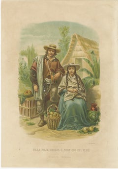 Original Antique Costume Print of Peruvian Mestizos, "Raza Roja", c.1880