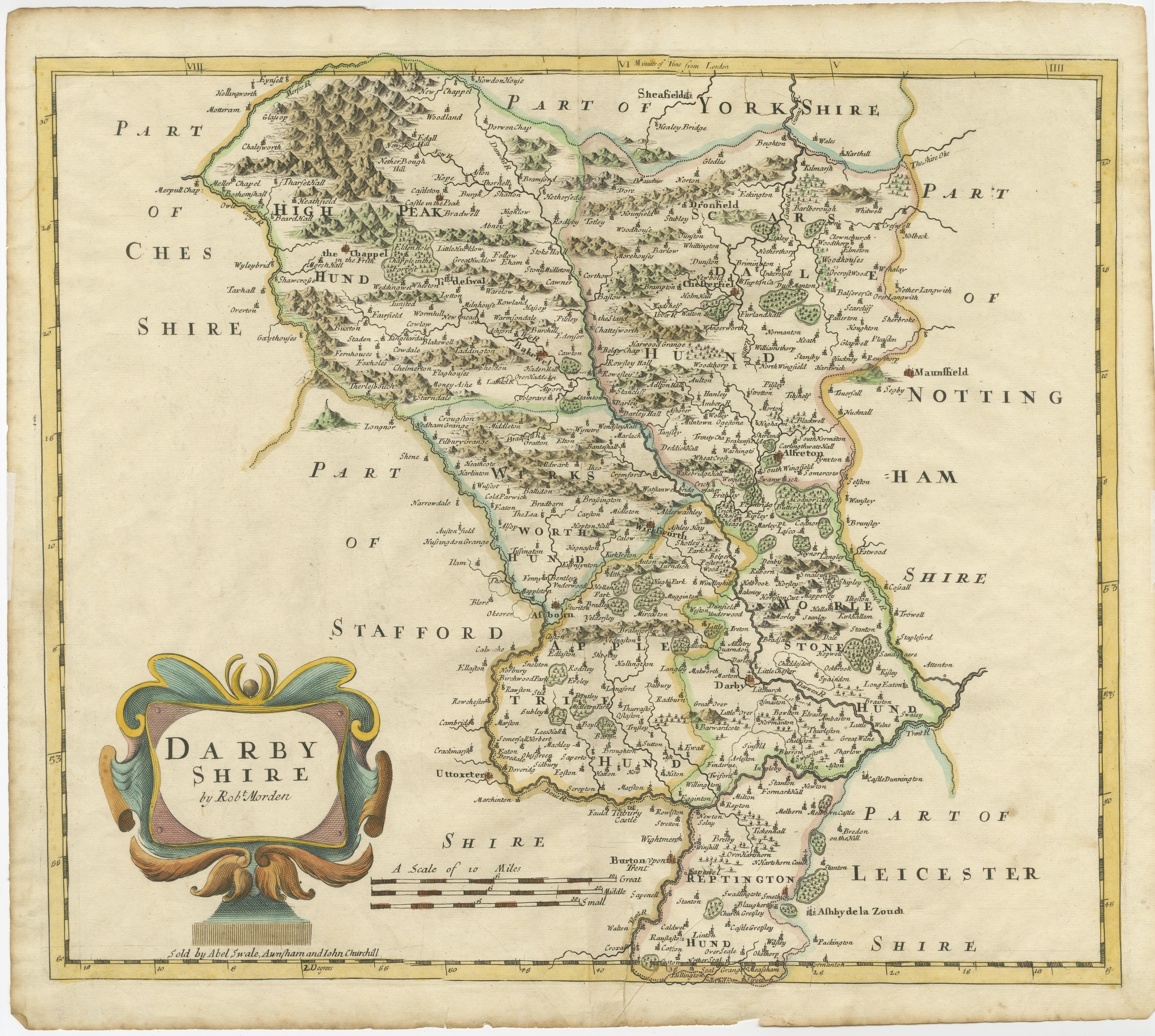 Antique map titled 'Darbyshire'. Original antique map of the country of Derbyshire, England. Engraved by Robert Morden. Sold by Abel Swale, Awnsham and John Churchill. Published circa 1695.