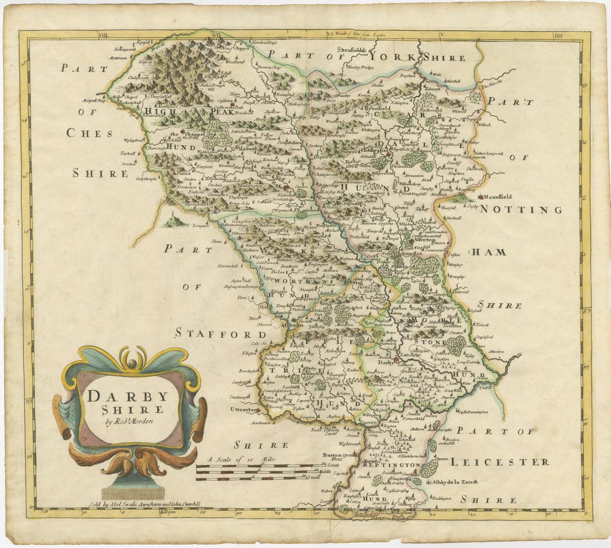 Original Antique County Map of Derbyshire, England