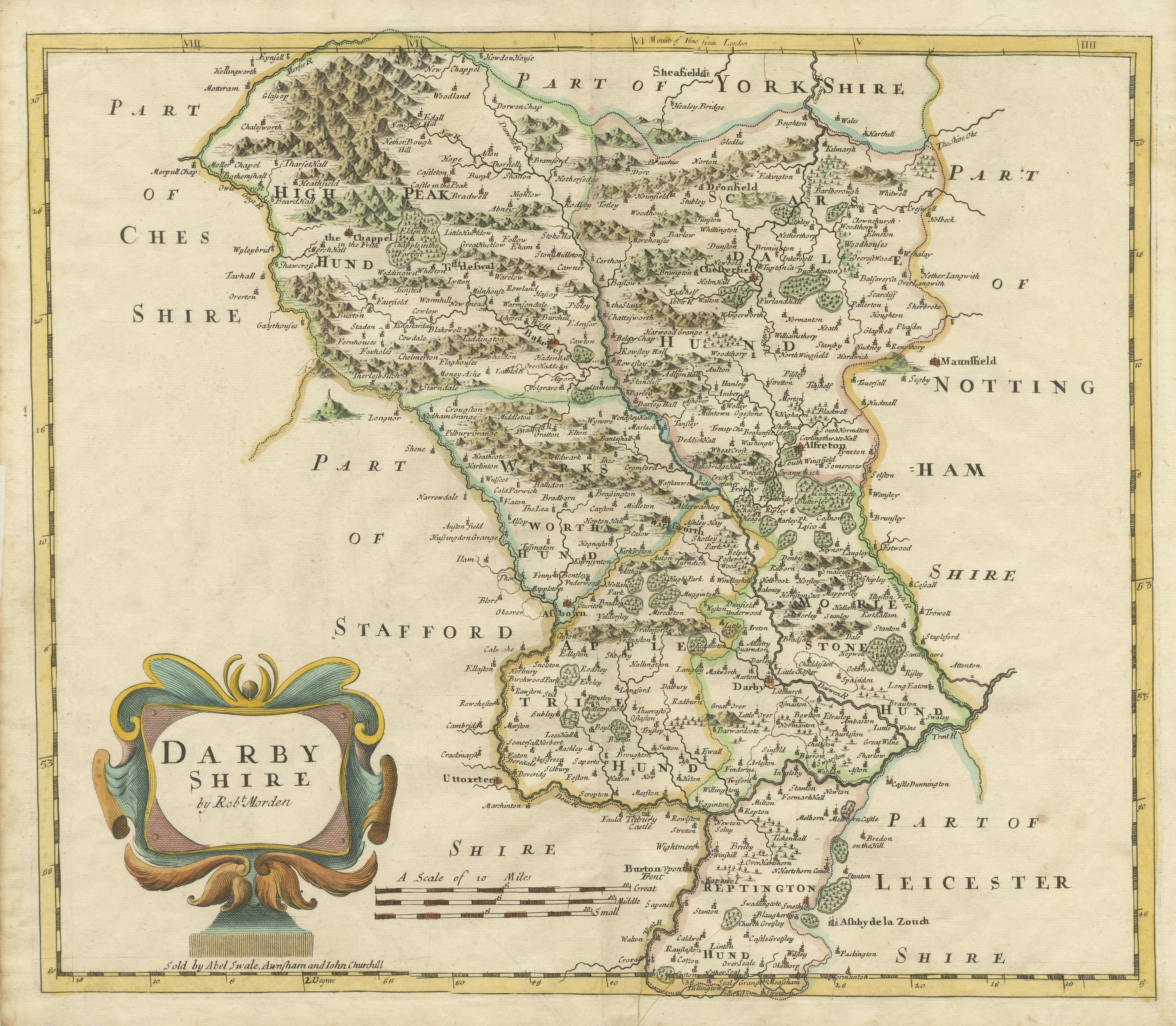 Antike Grafschaftskarte von Derbyshire, England im Zustand „Relativ gut“ im Angebot in Langweer, NL