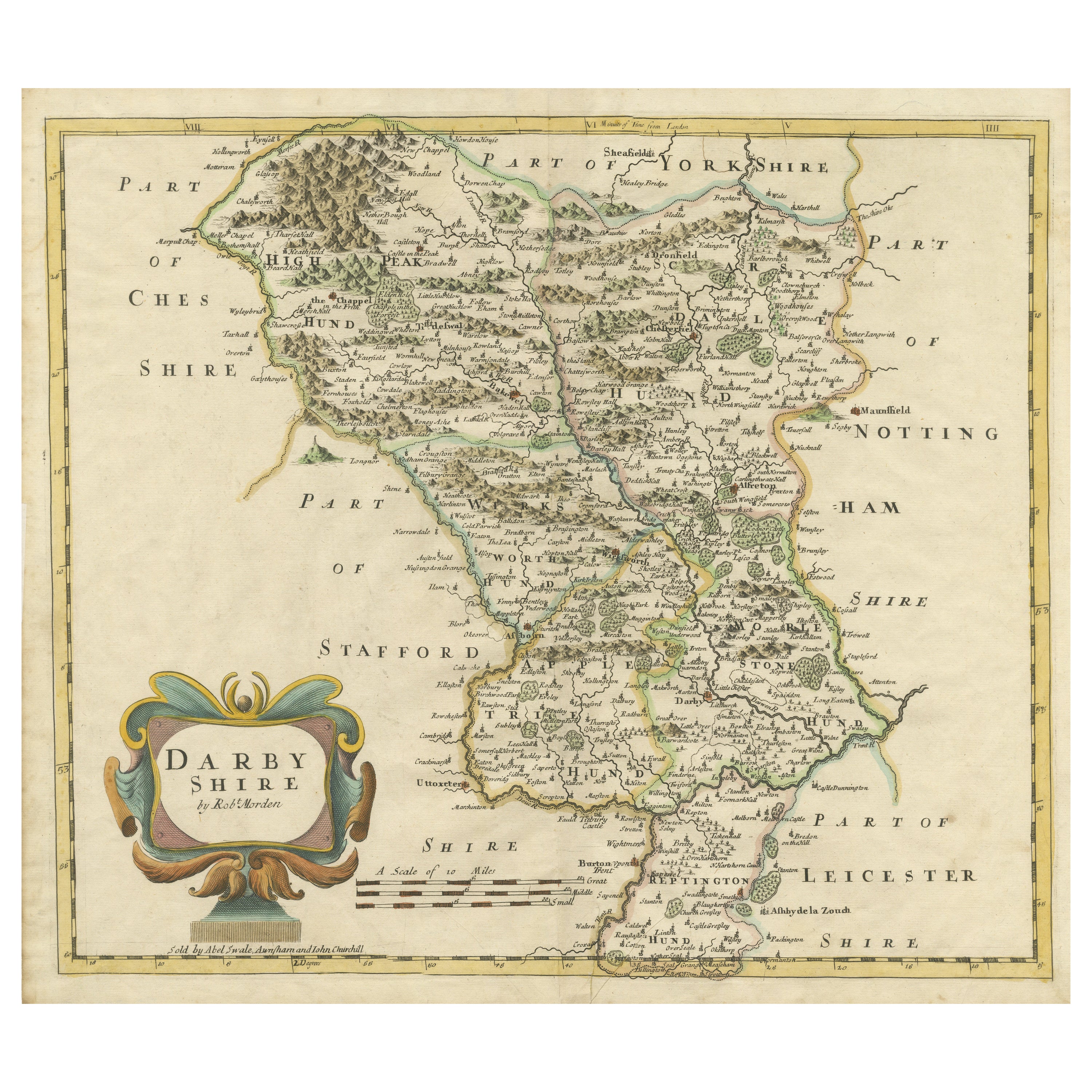 Mappa antica originale della contea del Derbyshire, Inghilterra