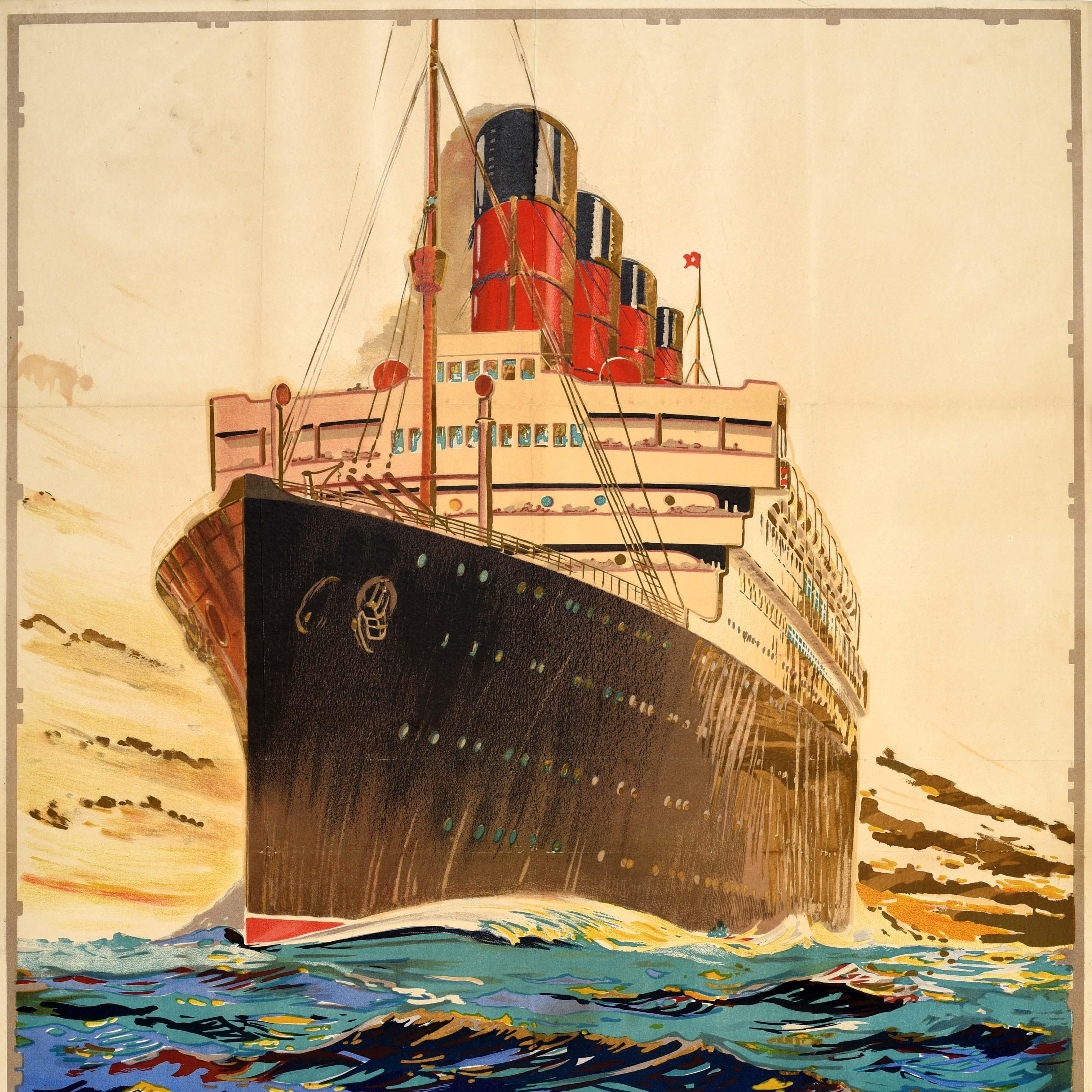 Cartel Antiguo Original de Viajes en Crucero Cunard USA El Servicio Oceánico Más Rápido del Mundo Británico en venta