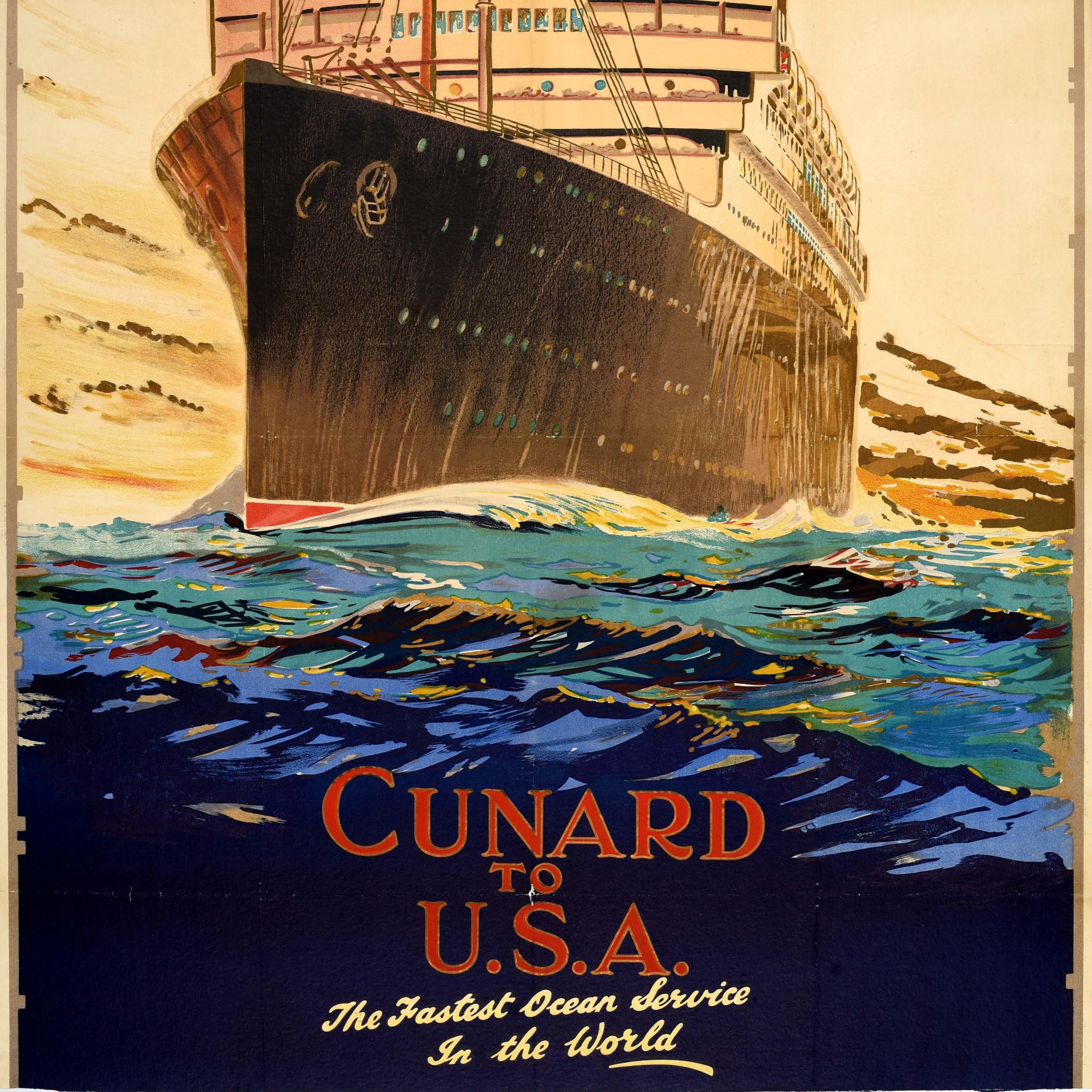 Cartel Antiguo Original de Viajes en Crucero Cunard USA El Servicio Oceánico Más Rápido del Mundo en Bueno estado para la venta en London, GB