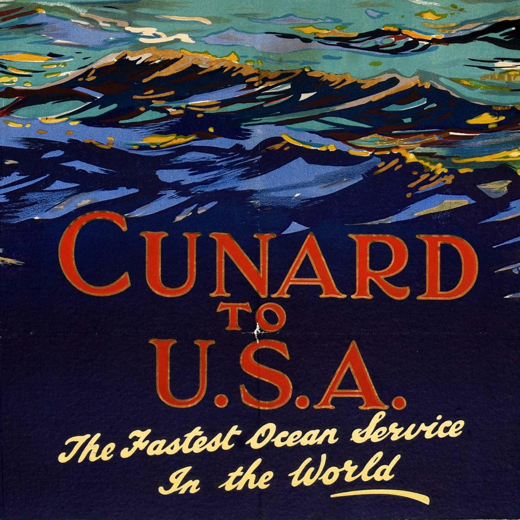Cartel Antiguo Original de Viajes en Crucero Cunard USA El Servicio Oceánico Más Rápido del Mundo principios del siglo XX en venta