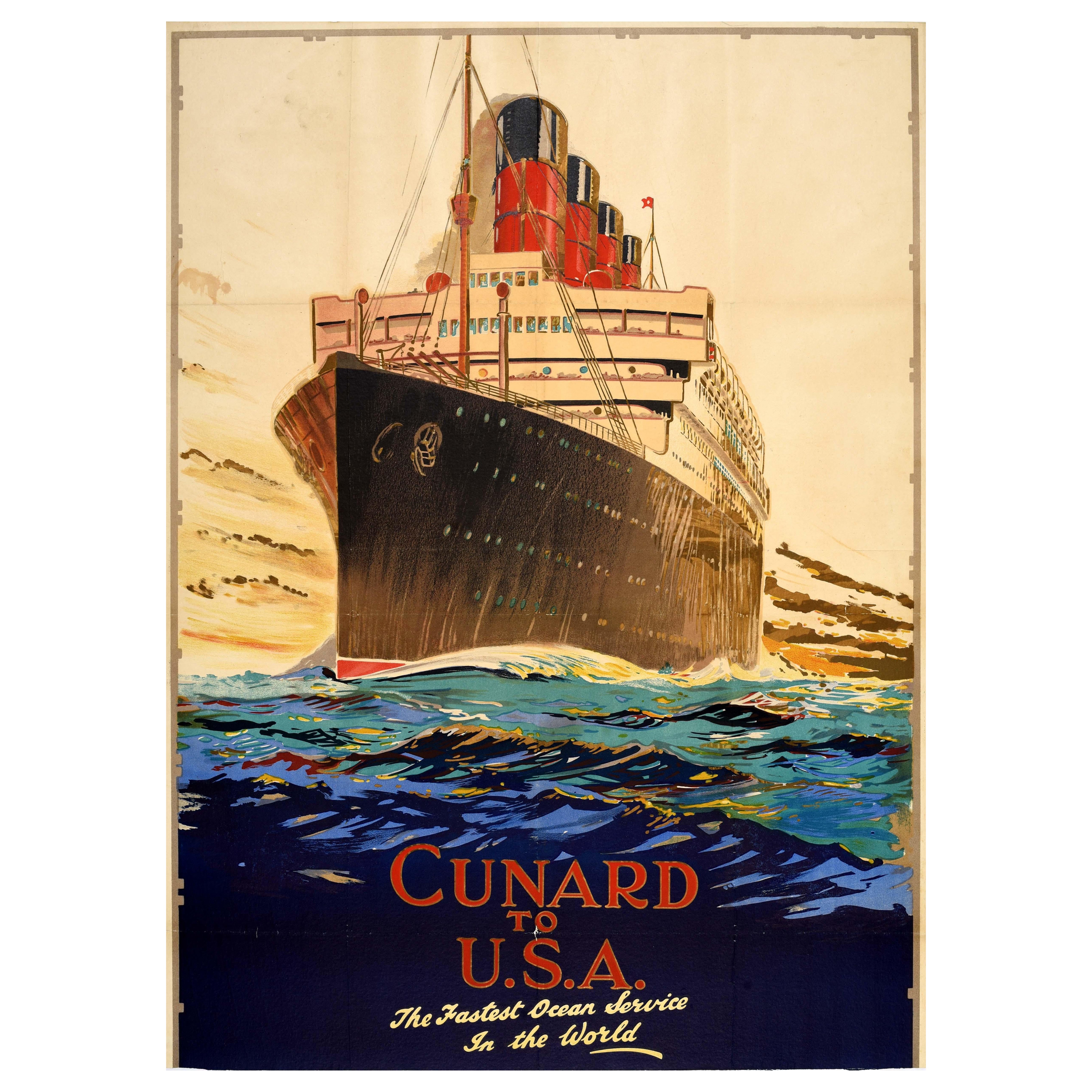 Original Antique Cruise Travel Poster Cunard USA Schnellster Seedienst der Welt
