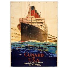 Original Antique Cruise Travel Poster Cunard USA Fastest Ocean Service World