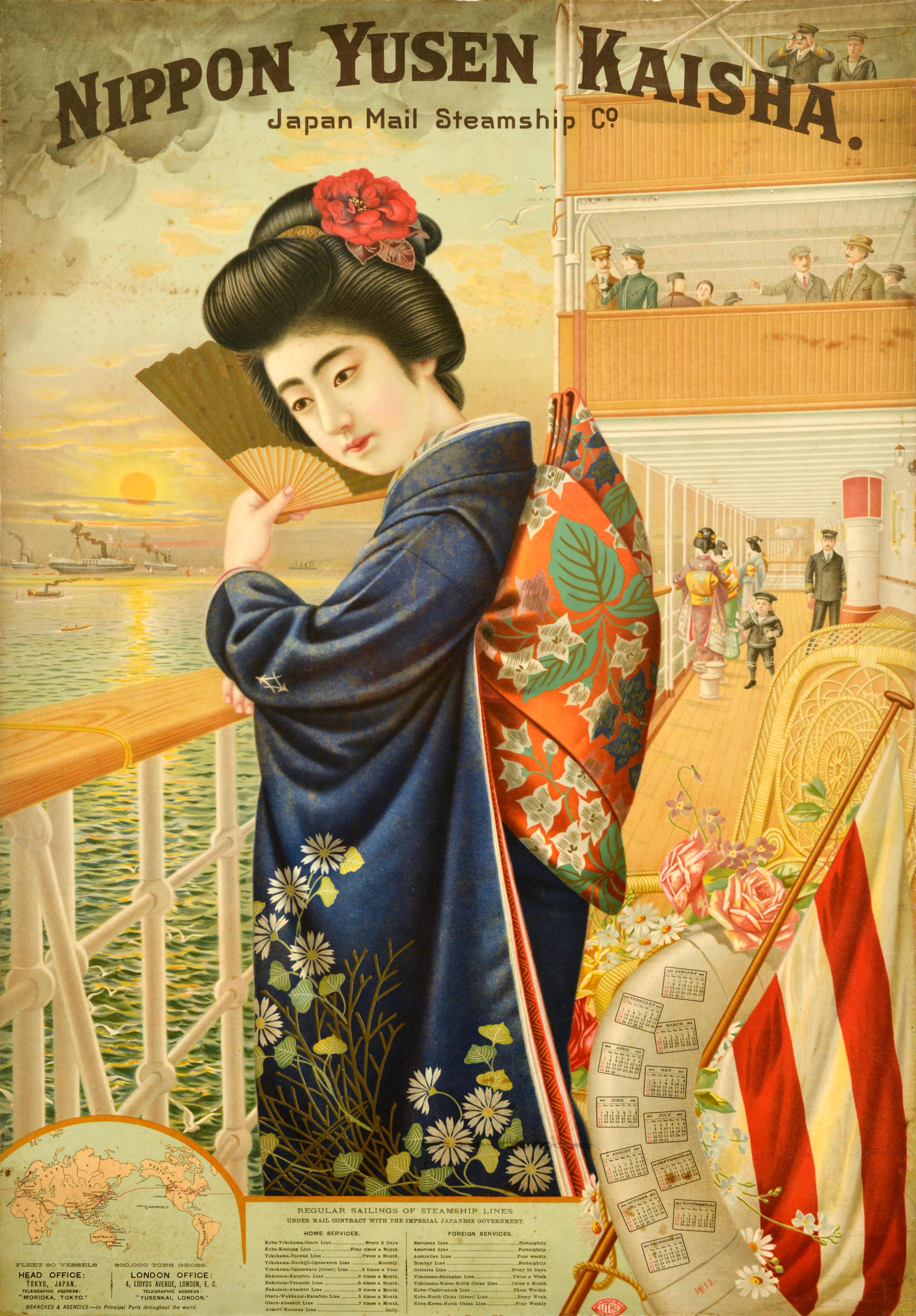 Original Antique Cruise Travel Poster Nippon Yusen Kaisha Japan Mail Steamship