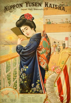 Original Antique Cruise Travel Poster Nippon Yusen Kaisha Japan Mail Steamship