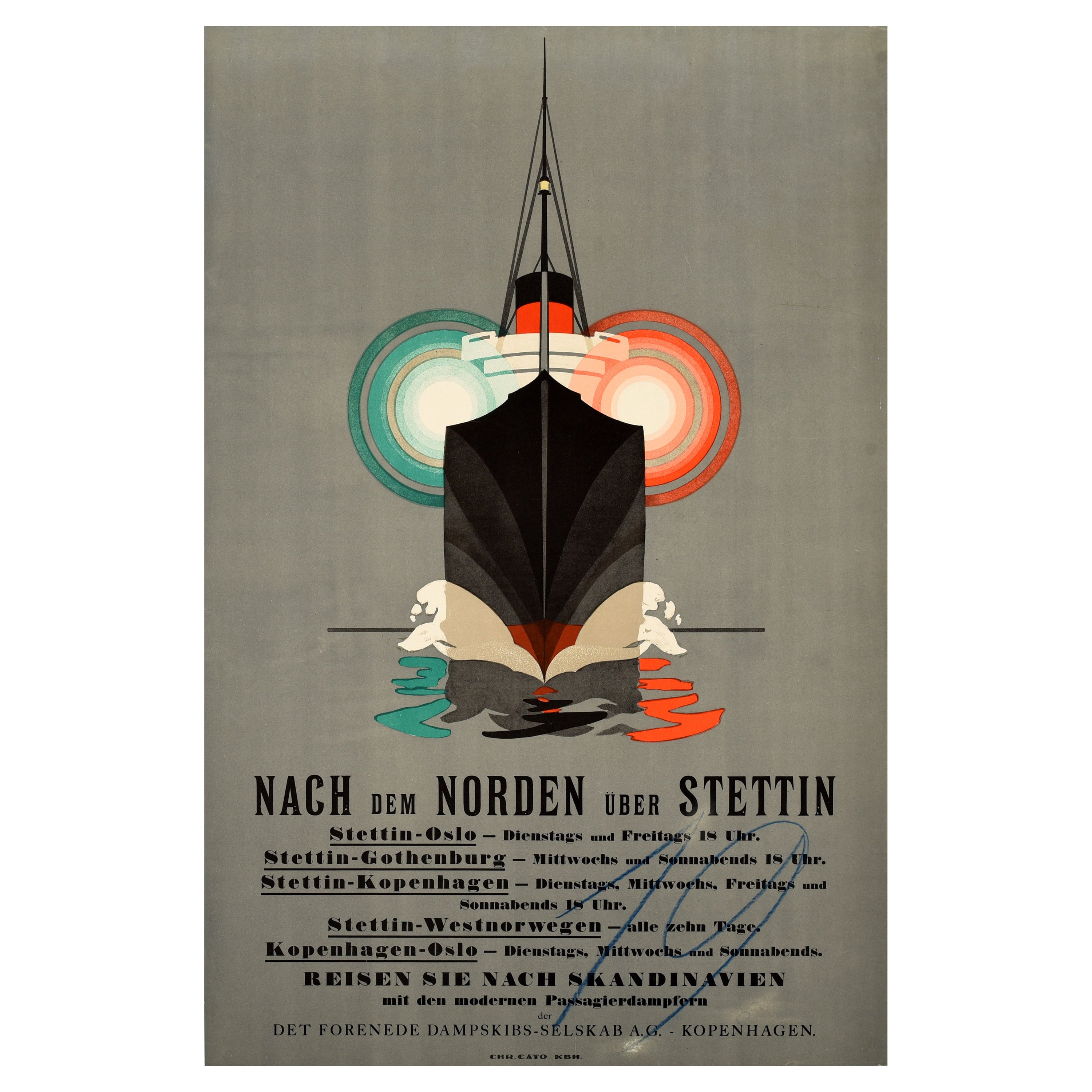 Cartel Antiguo Original de Viaje en Crucero Vía Norte Szczecin Stettin Escandinavia Arte