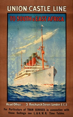 Original Antike Kreuzfahrt Reise Poster Süd-Ost-Afrika Union Castle Line