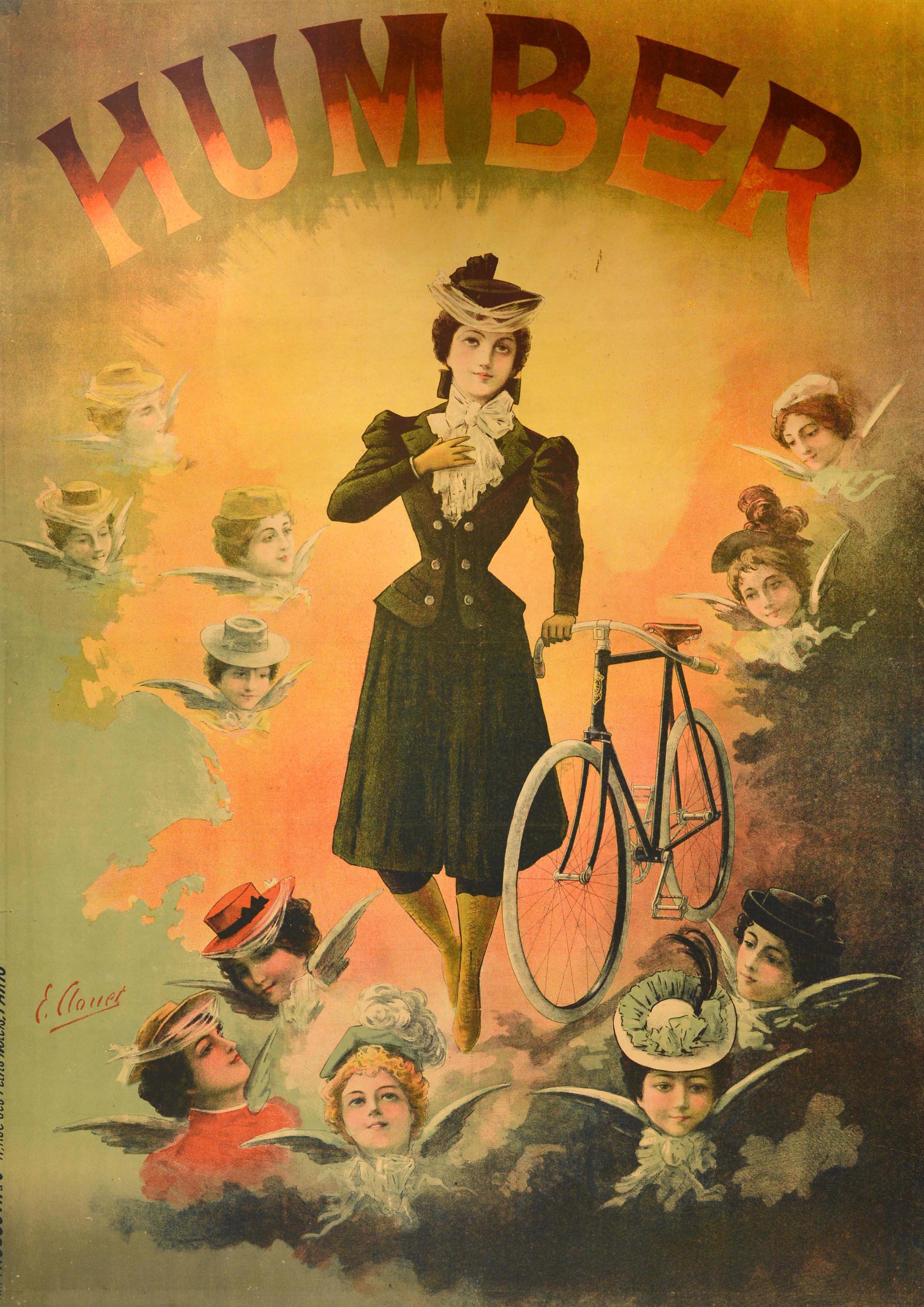 Original antique advertising poster for Humber bicycles featuring a heavenly illustration of a fashionably dressed lady with a bicycle lit up from the shining sun behind her and the faces of ladies as angels with wings in the clouds around her, the