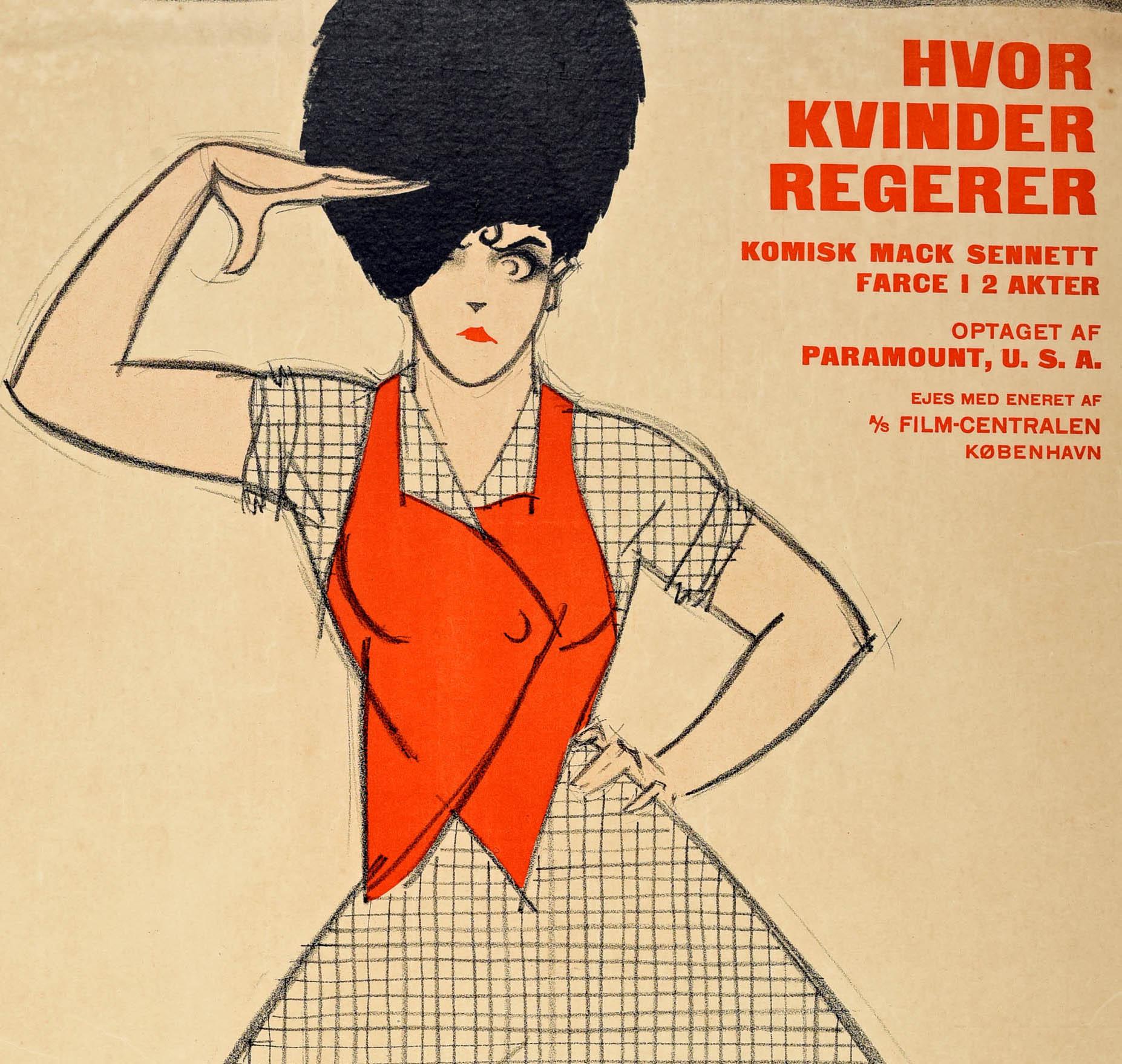 Original antique Danish movie poster for Hvor Kvinder Regerer komisk Mack Sennett farce 1 2 akter / a comedy film produced by Mack Sennett (Michael Sinnott; 1880-1960) Where Women Rule. Great artwork by the notable Danish illustrator, poster