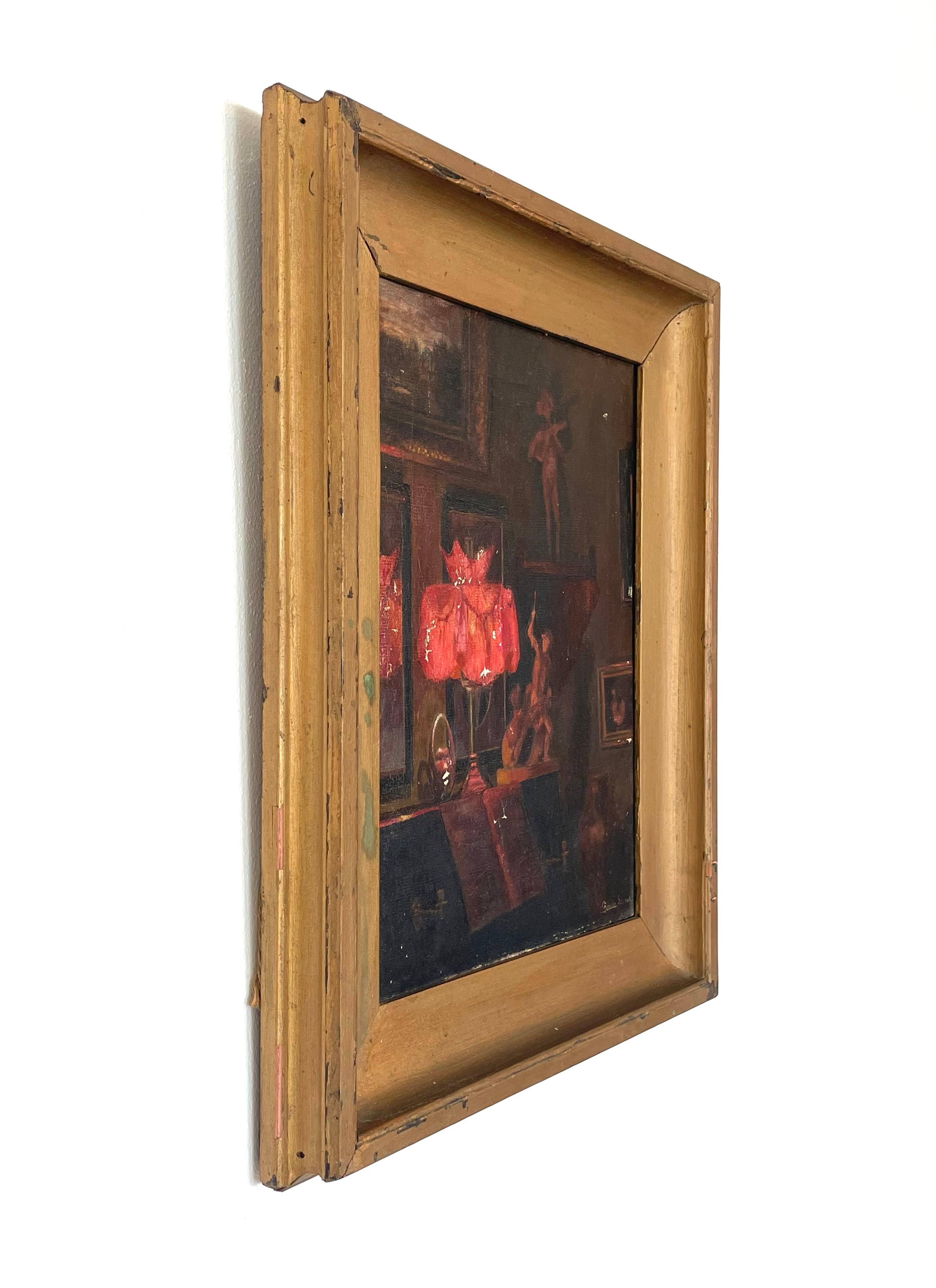 Originales antikes dänisches Ölgemälde von Gerda Lund, Interieur bei Nacht, antik im Angebot 6