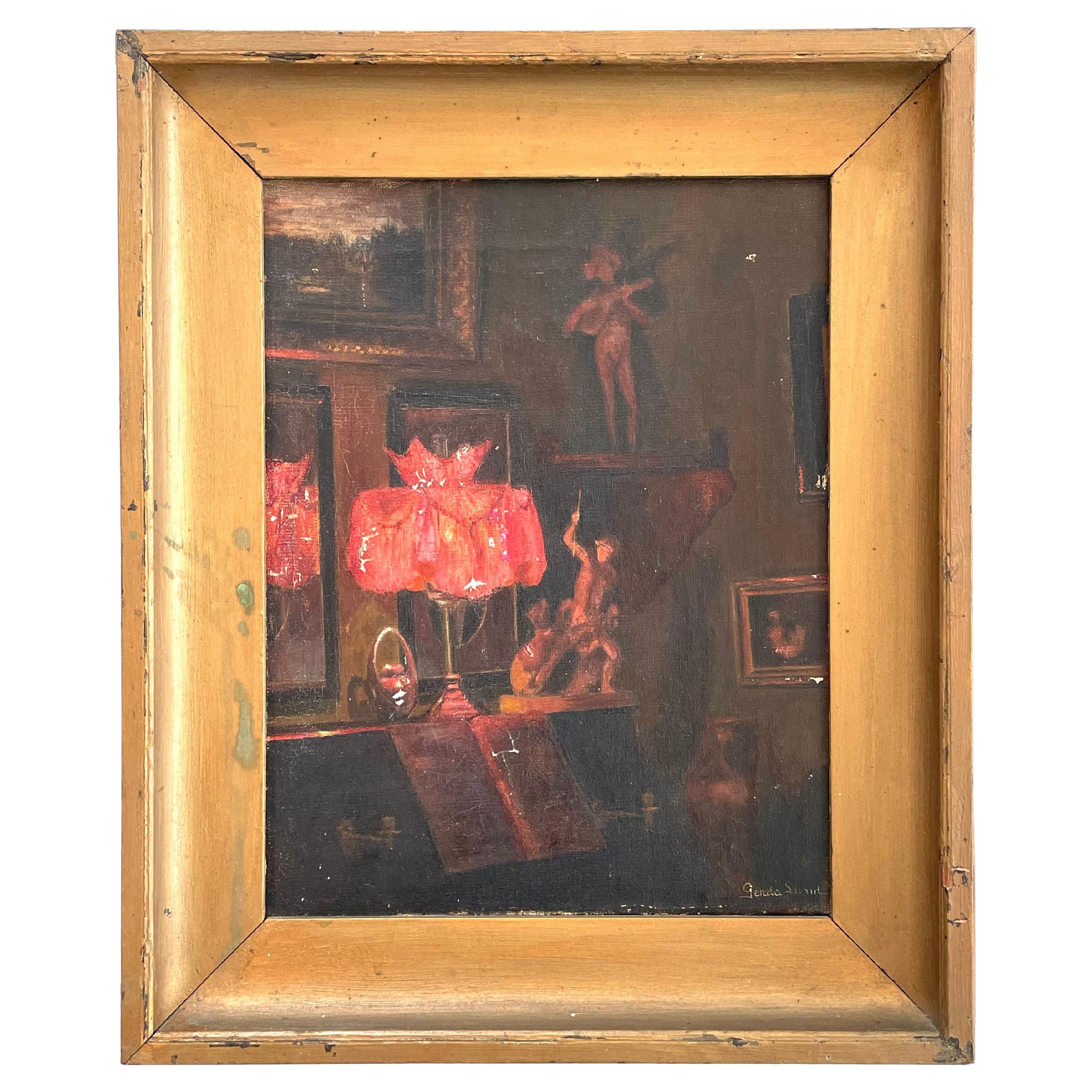 Original antique Danish oil painting of interior at night by Gerda Lund