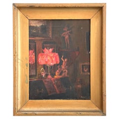 Original antique Danish oil painting of interior at night by Gerda Lund