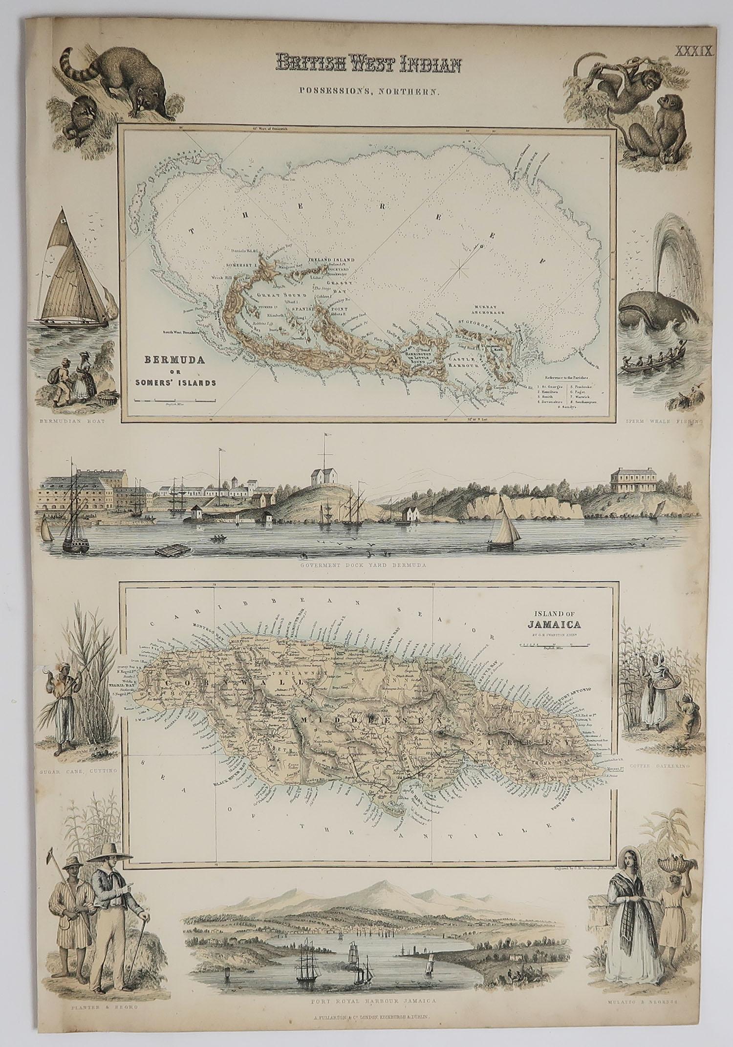 Scottish Original Antique Decorative Map of Bermuda & Jamaica, Fullarton, C.1870