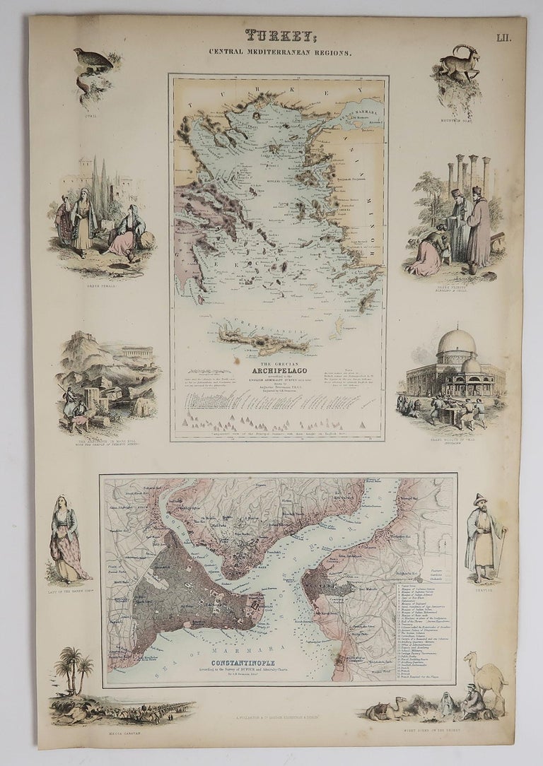 Scottish Original Antique Decorative Map of Greece & Istanbul, Fullarton, C.1870 For Sale