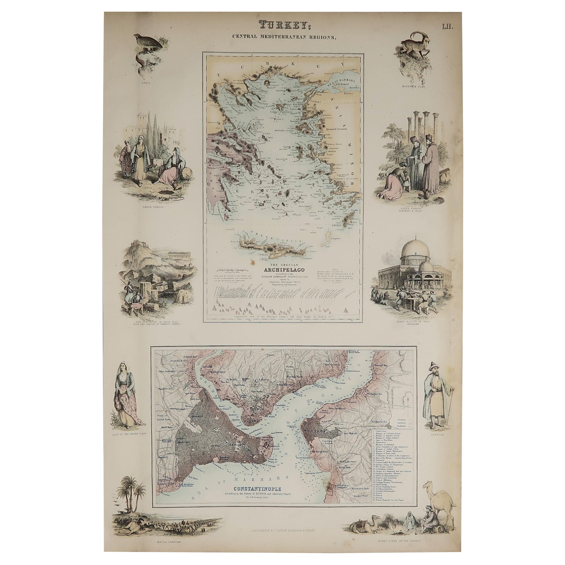 Original Antique Decorative Map of Greece & Istanbul, Fullarton, C.1870