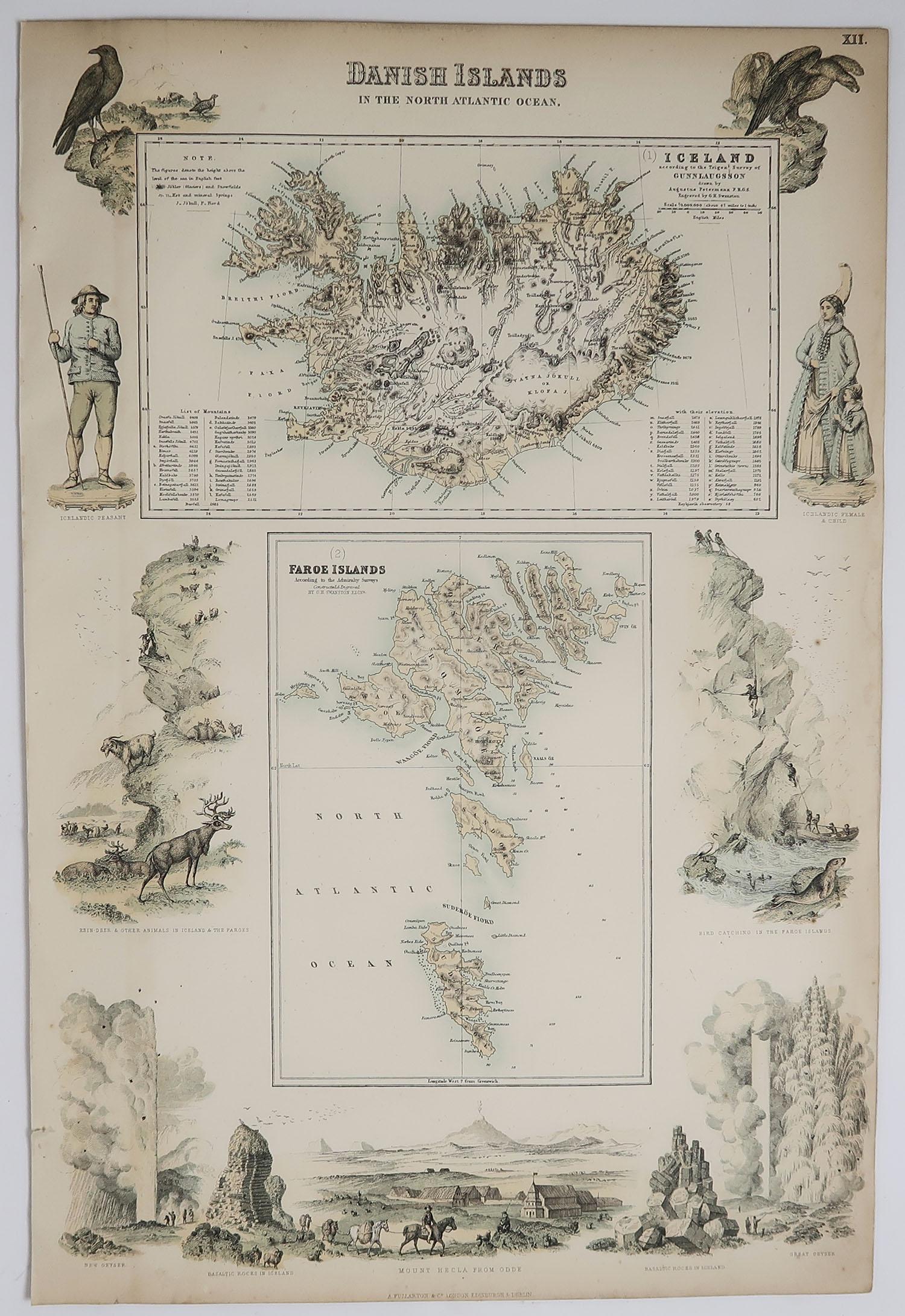 Scottish Original Antique Decorative Map of Iceland & Faroe, Fullarton, C.1870 For Sale