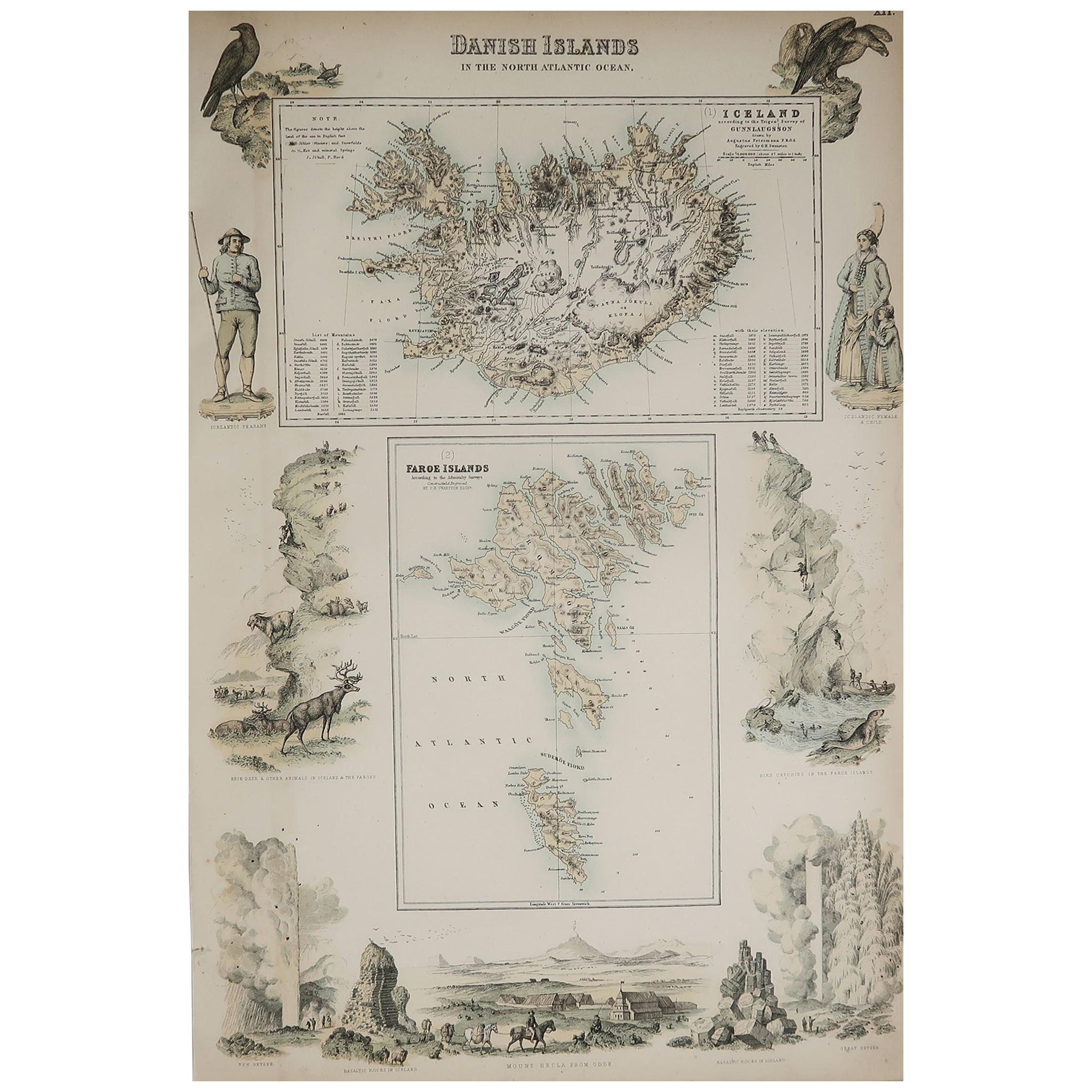 Carte décorative originale ancienne d'Islande et de Faroe, Fullarton, C.1870