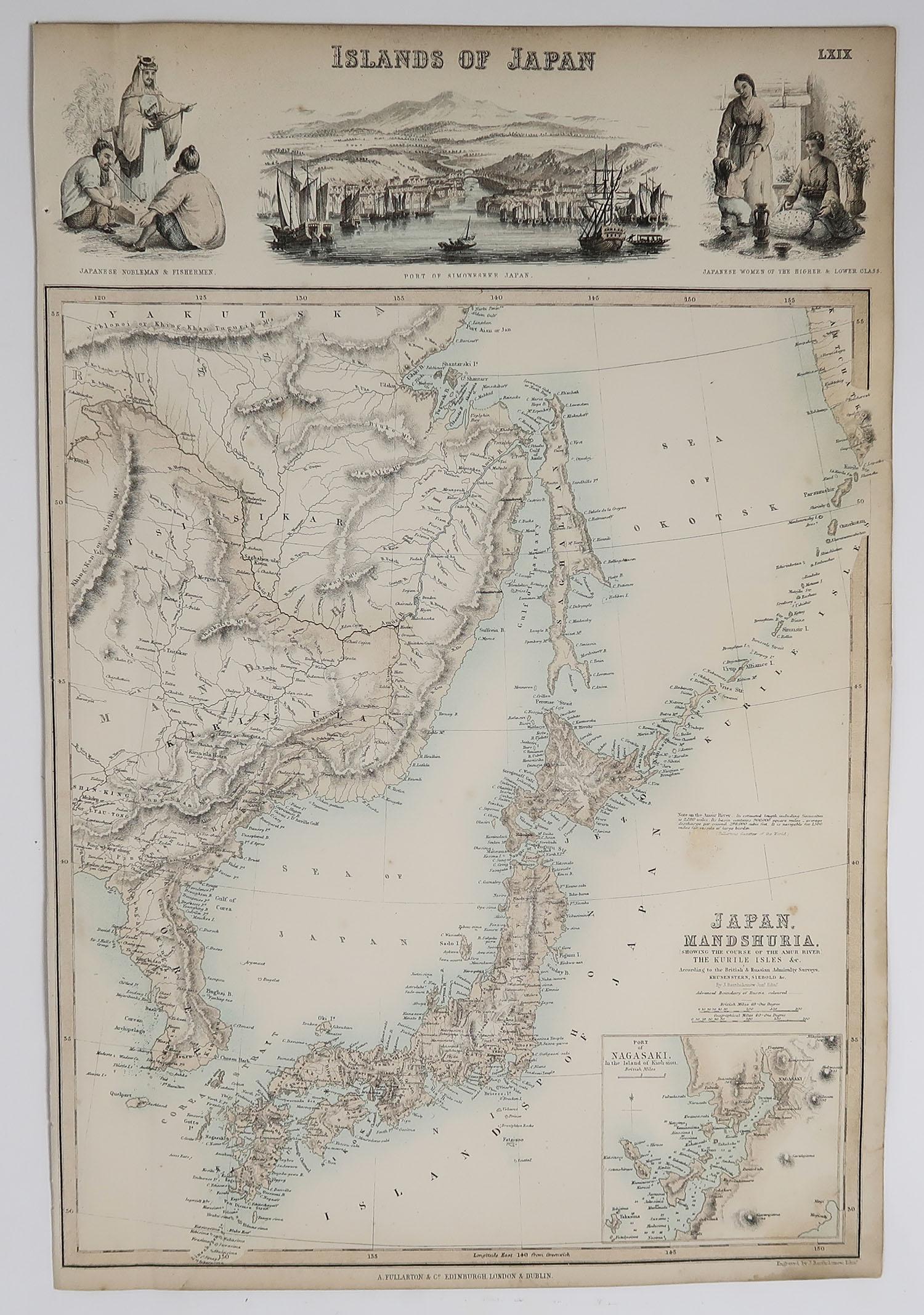 Scottish Original Antique Decorative Map of Japan, Fullarton, C.1870 For Sale