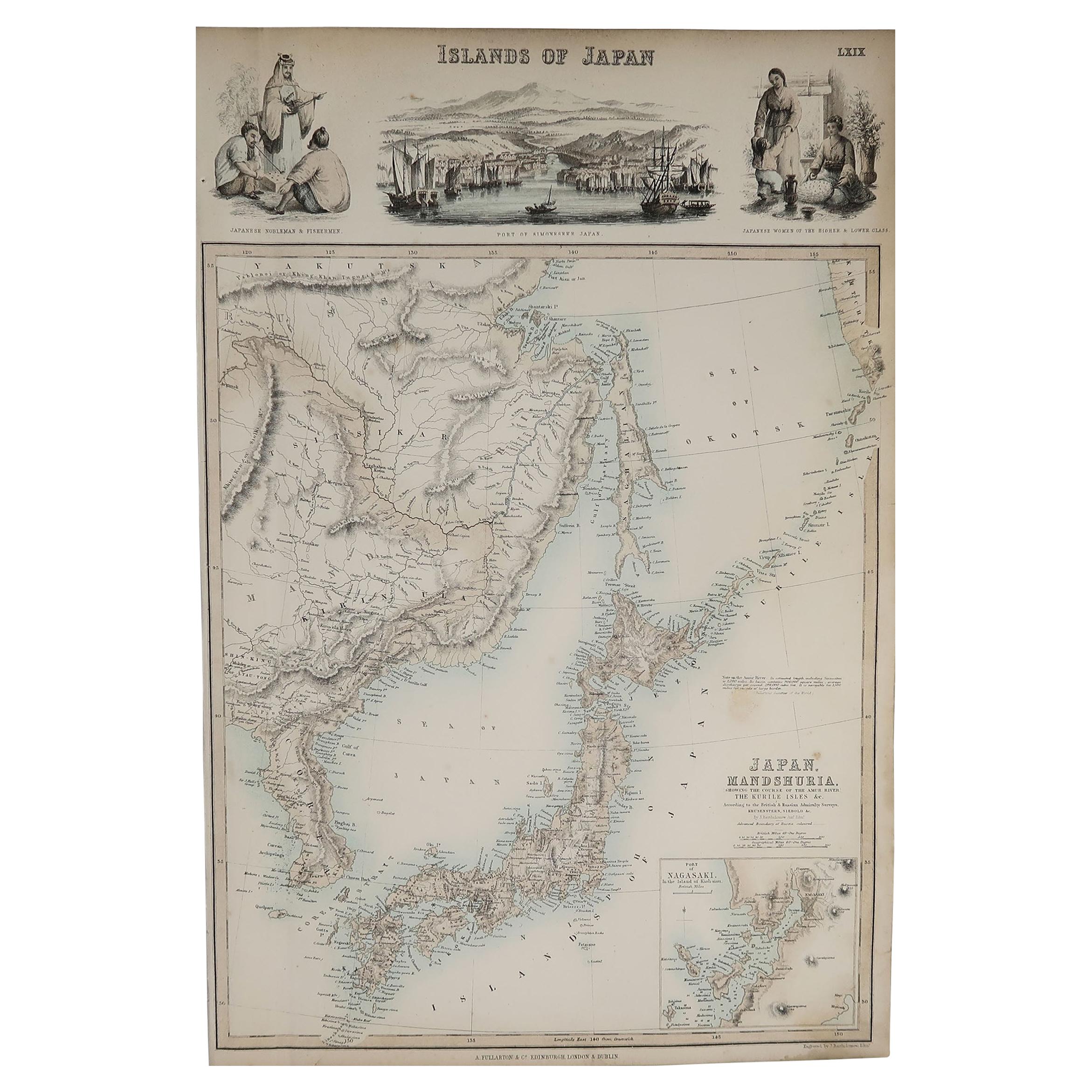 Original Antique Decorative Map of Japan, Fullarton, C.1870 For Sale