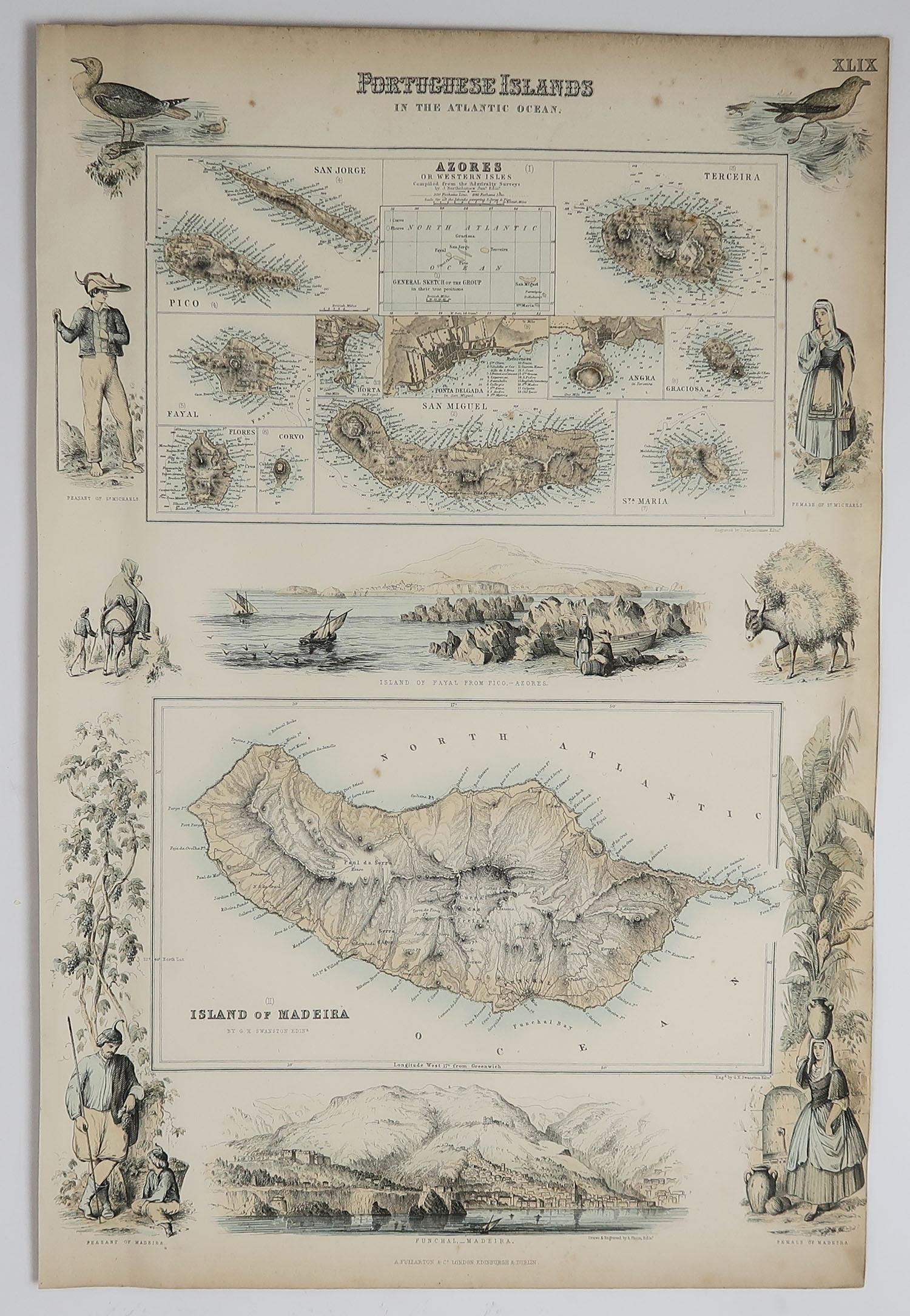 Great map of Madeira and The Azores

Wonderful figural border

From the celebrated Royal Illustrated Atlas

Lithograph. Original color. 

Published by Fullarton, Edinburgh. C.1870

Unframed.












 
