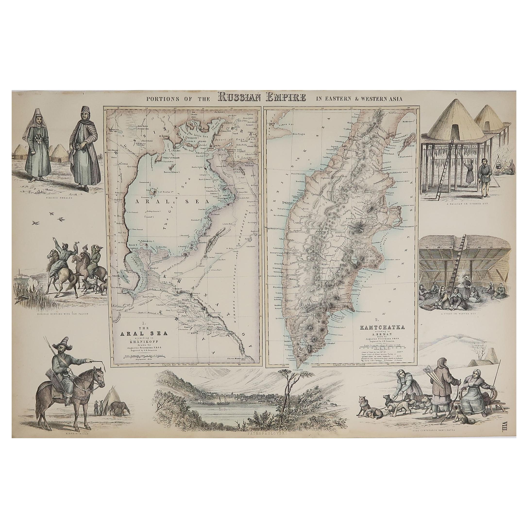 Original Antique Decorative Map of Russia / Kamchatka, Fullarton, C.1870