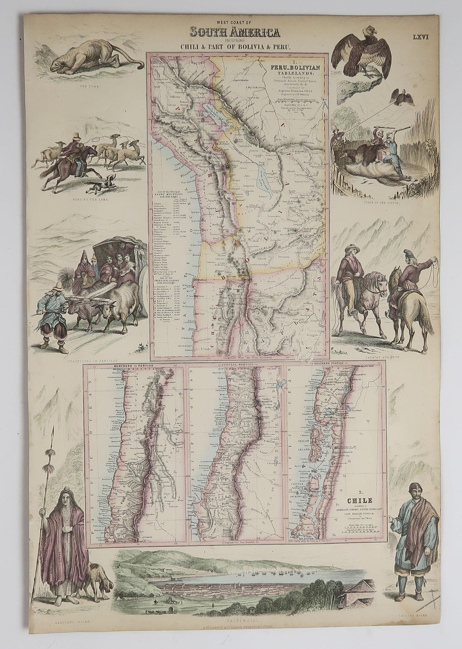 Great map of Chili, Peru and part of Bolivia

Wonderful figural border

From the celebrated Royal Illustrated Atlas

Lithograph. Original color. 

Published by Fullarton, Edinburgh, C.1870

Unframed.










