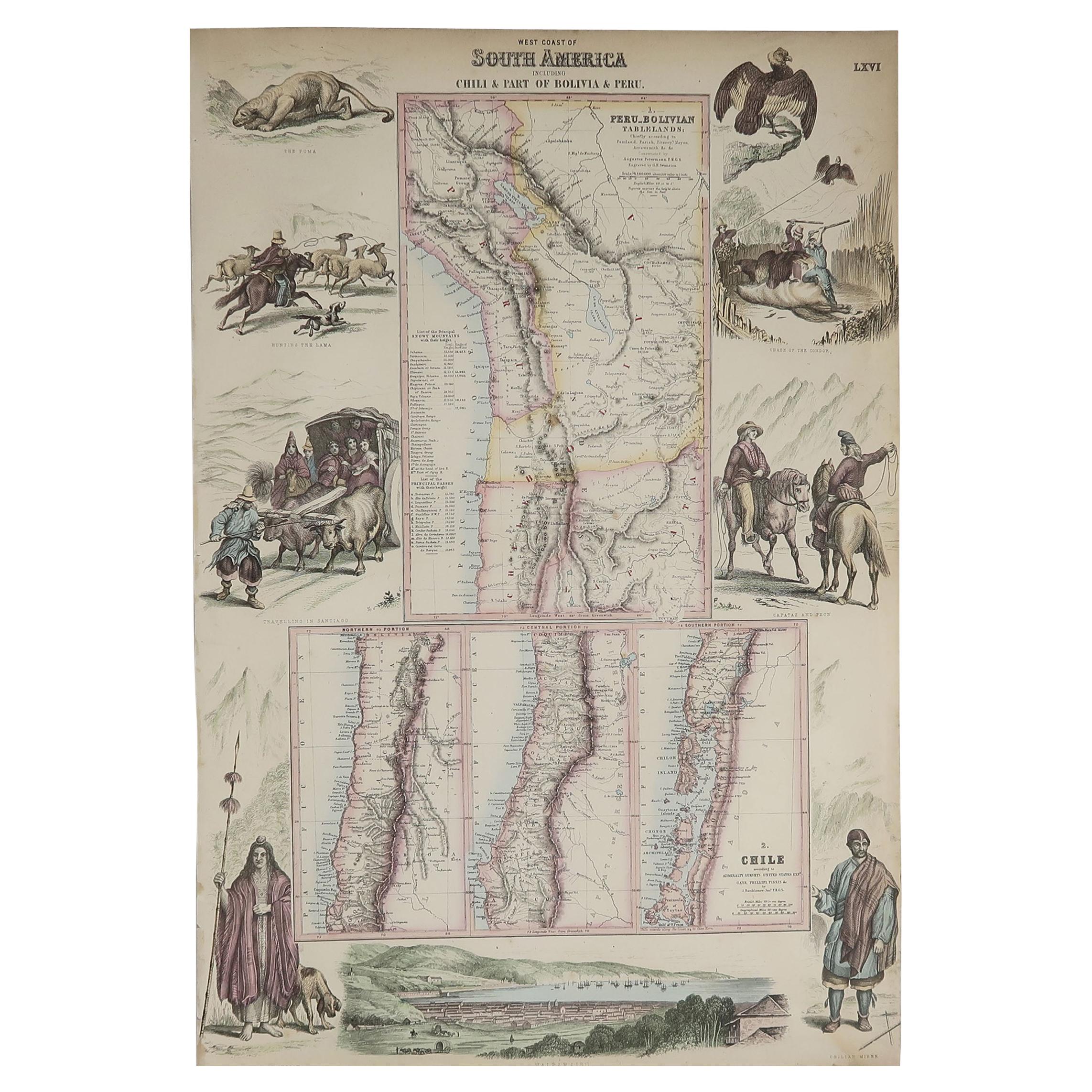 Carte décorative originale de la côte sud-ouest de l'Amérique du Sud, Fullarton, vers 1870 en vente